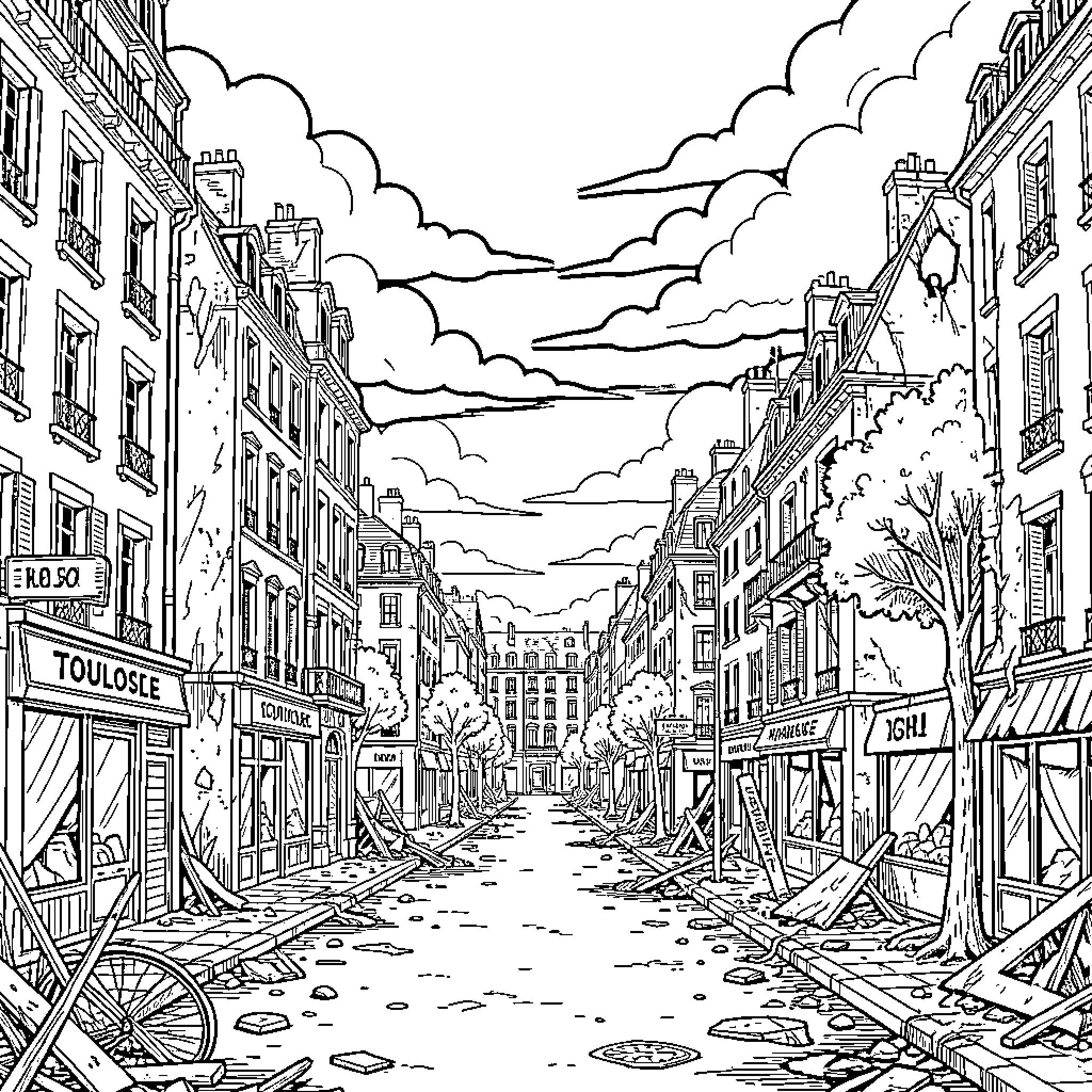 Toulouse street scene with historic buildings and trees Coloring Page (free black-and-white line drawing printable PDF for all, from beginners to advanced learners, including children, teens, adults, and seniors)