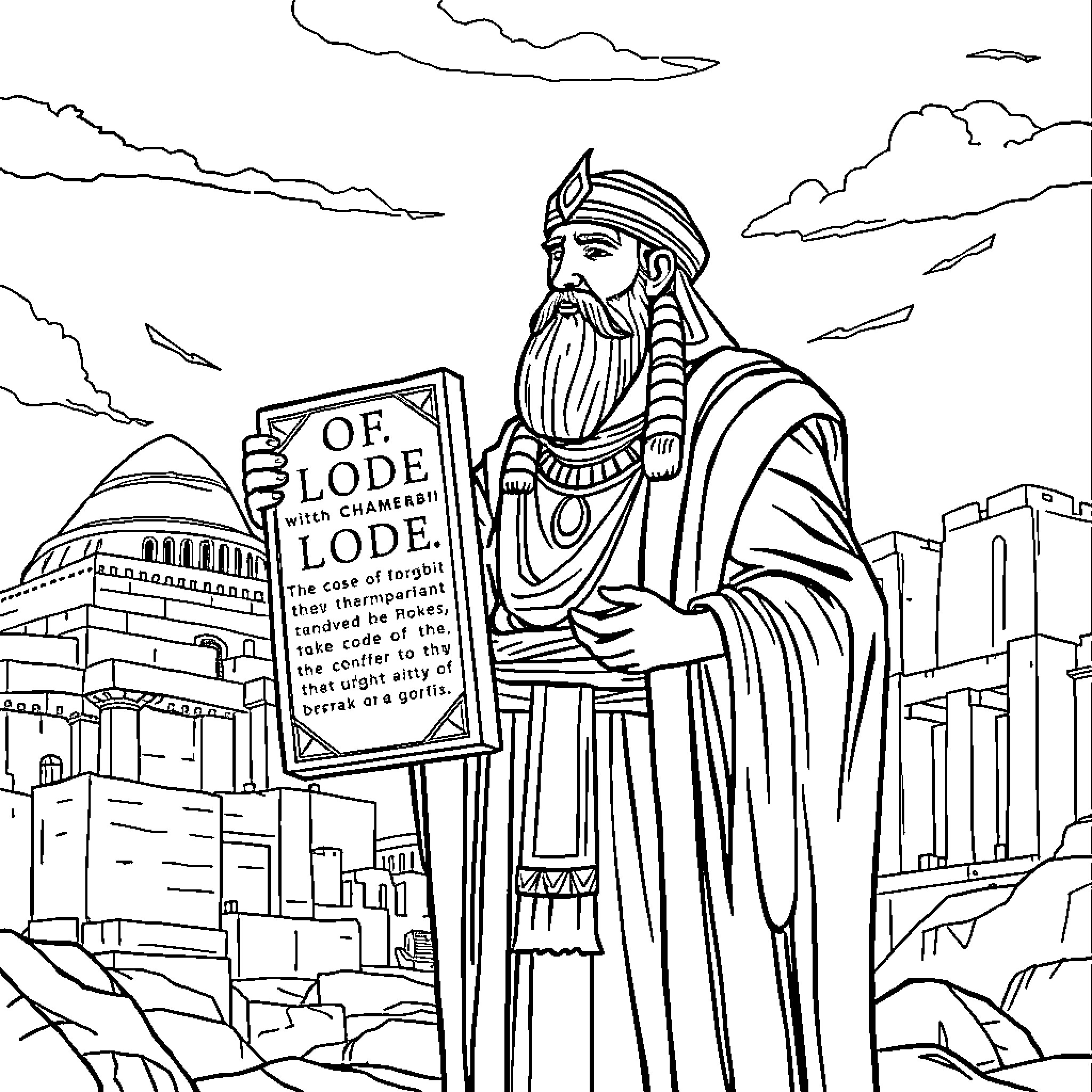 Hammurabi presenting law code in ancient city Coloring Page (free black-and-white line drawing printable PDF for all, from beginners to advanced learners, including children, teens, adults, and seniors)