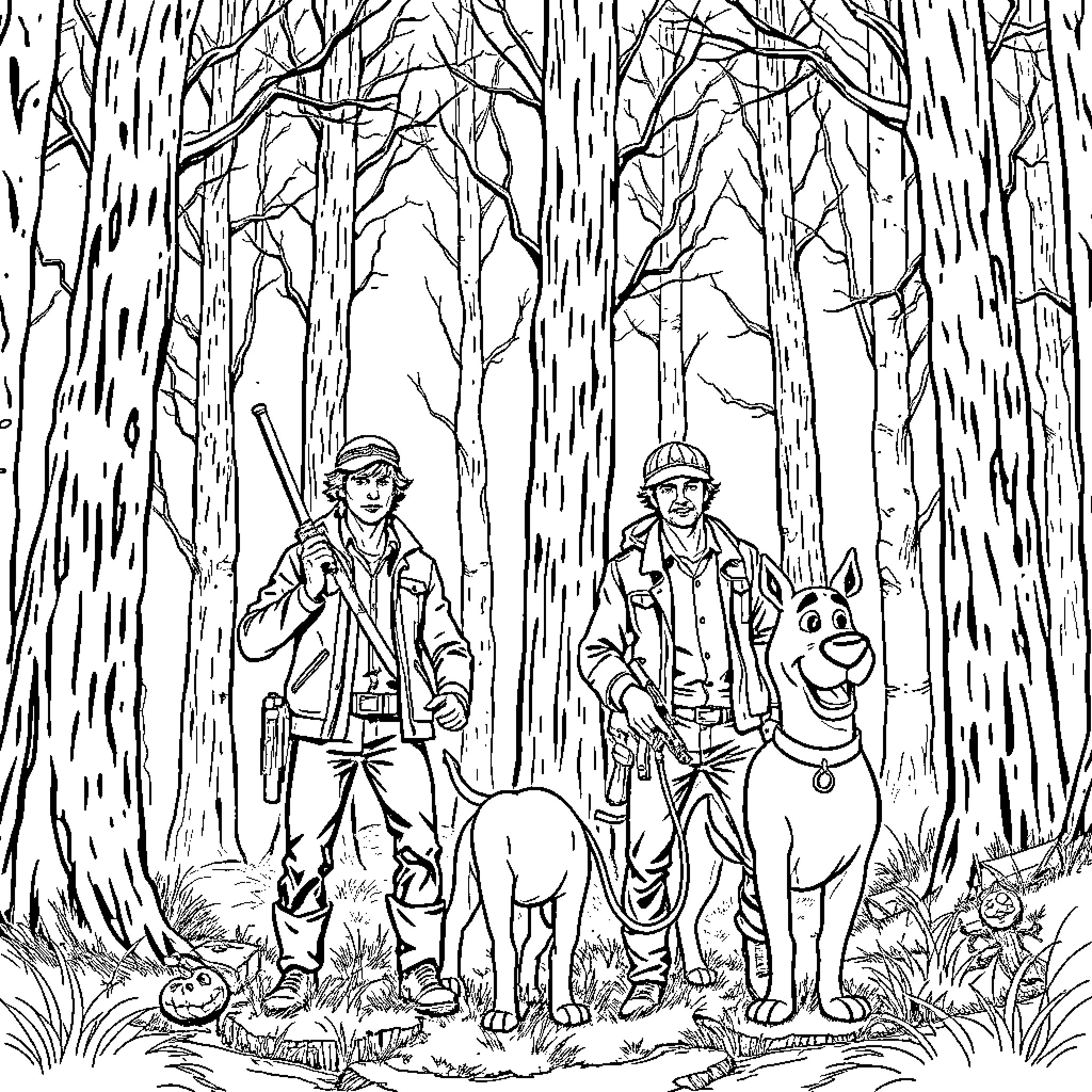 Dean Winchester and Companion Exploring the Mysterious Forest Coloring Page (free black-and-white line drawing printable PDF for all, from beginners to advanced learners, including children, teens, adults, and seniors)