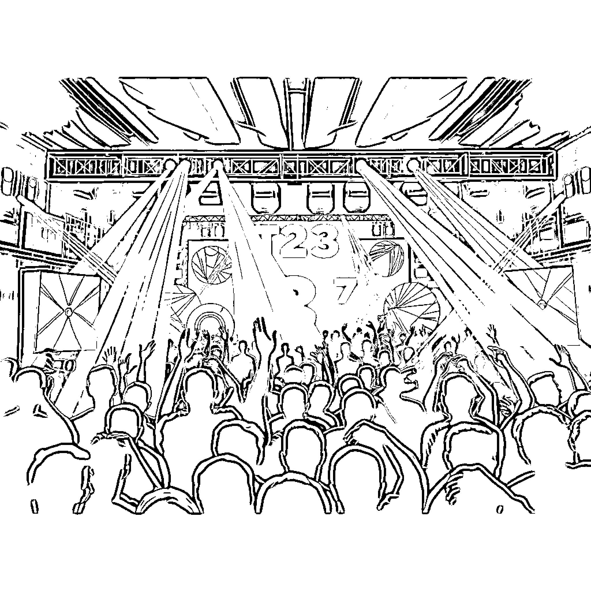 Tekno concert with energetic crowd Coloring Page (free black-and-white line drawing printable PDF for all, from beginners to advanced learners, including children, teens, adults, and seniors)