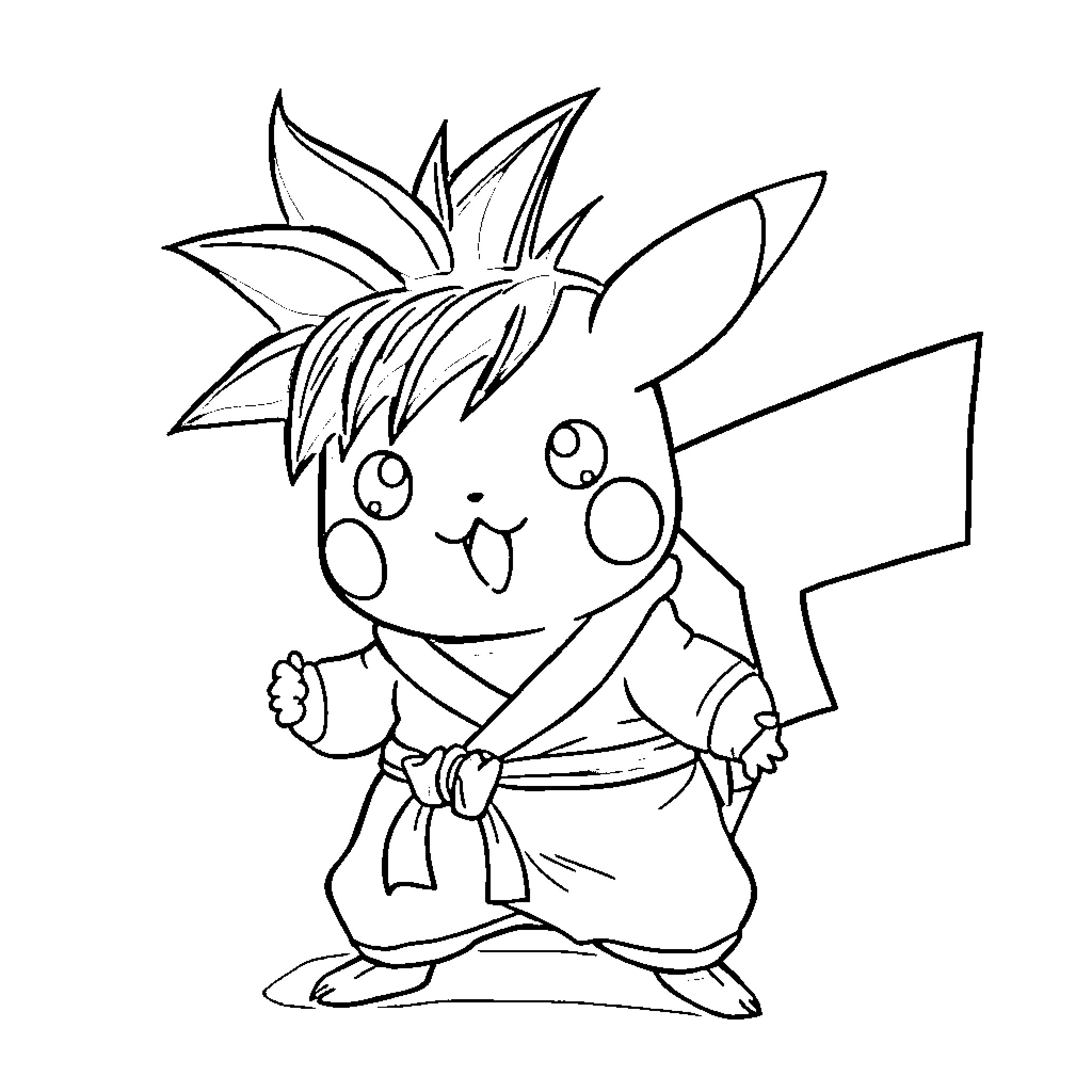 Pikachu Dressed as a Martial Artist Coloring Page (free black-and-white line drawing printable PDF for all, from beginners to advanced learners, including children, teens, adults, and seniors)
