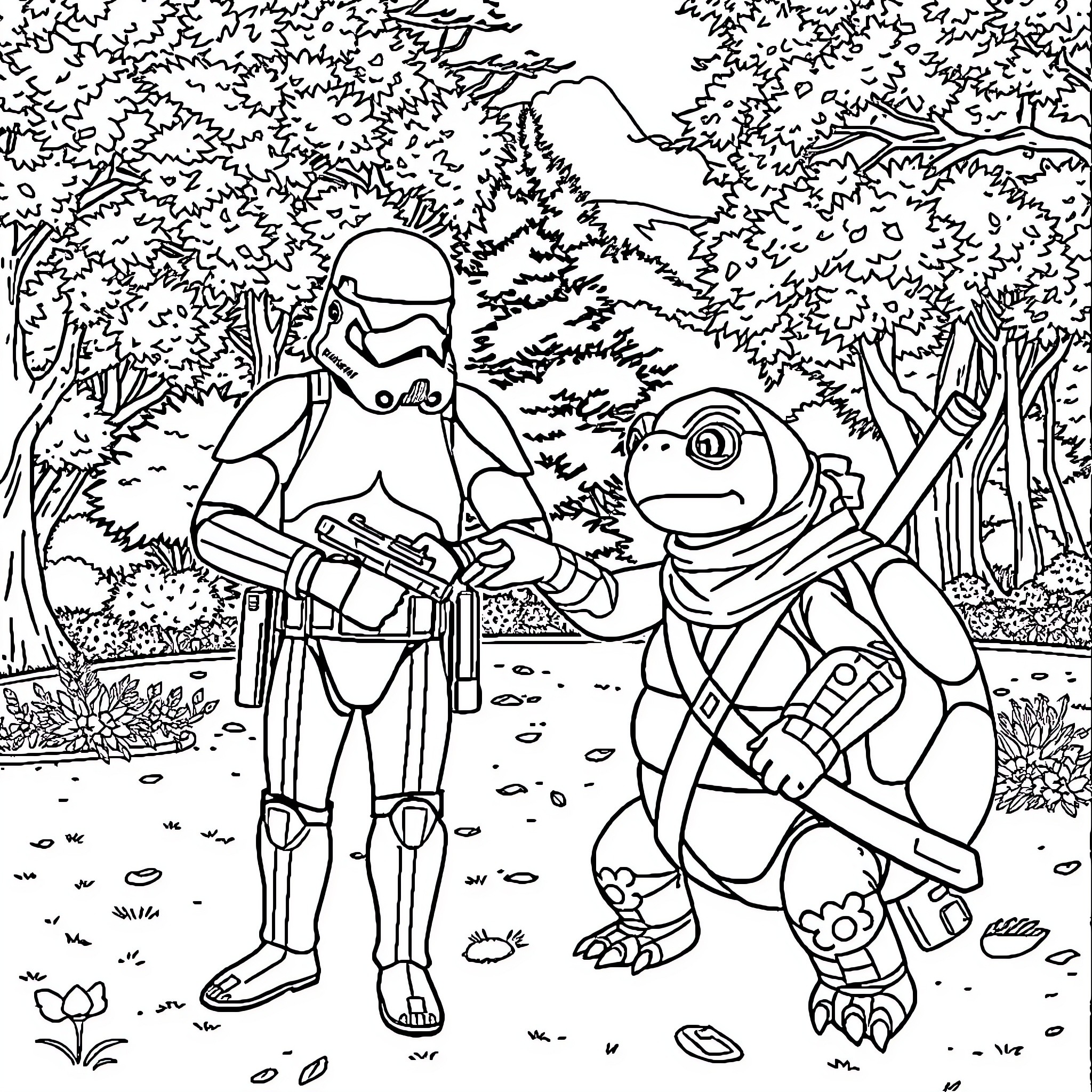 Stormtroopers exploring the forest Coloring Page (free black-and-white line drawing printable PDF for all, from beginners to advanced learners, including children, teens, adults, and seniors)