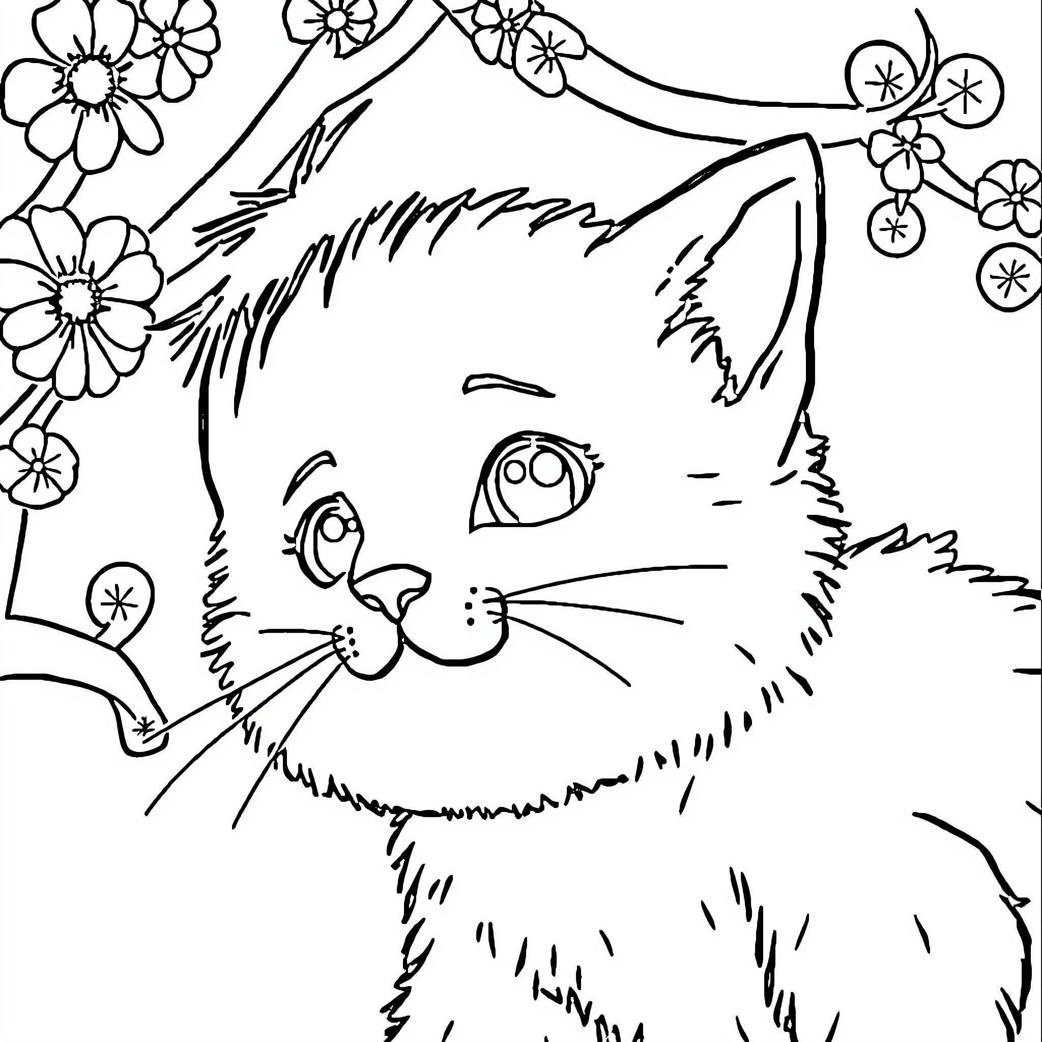 Simple Playful Cat Surrounded by Floral Designs Coloring Page (free black-and-white line drawing printable PDF for all, from beginners to advanced learners, including children, teens, adults, and seniors)