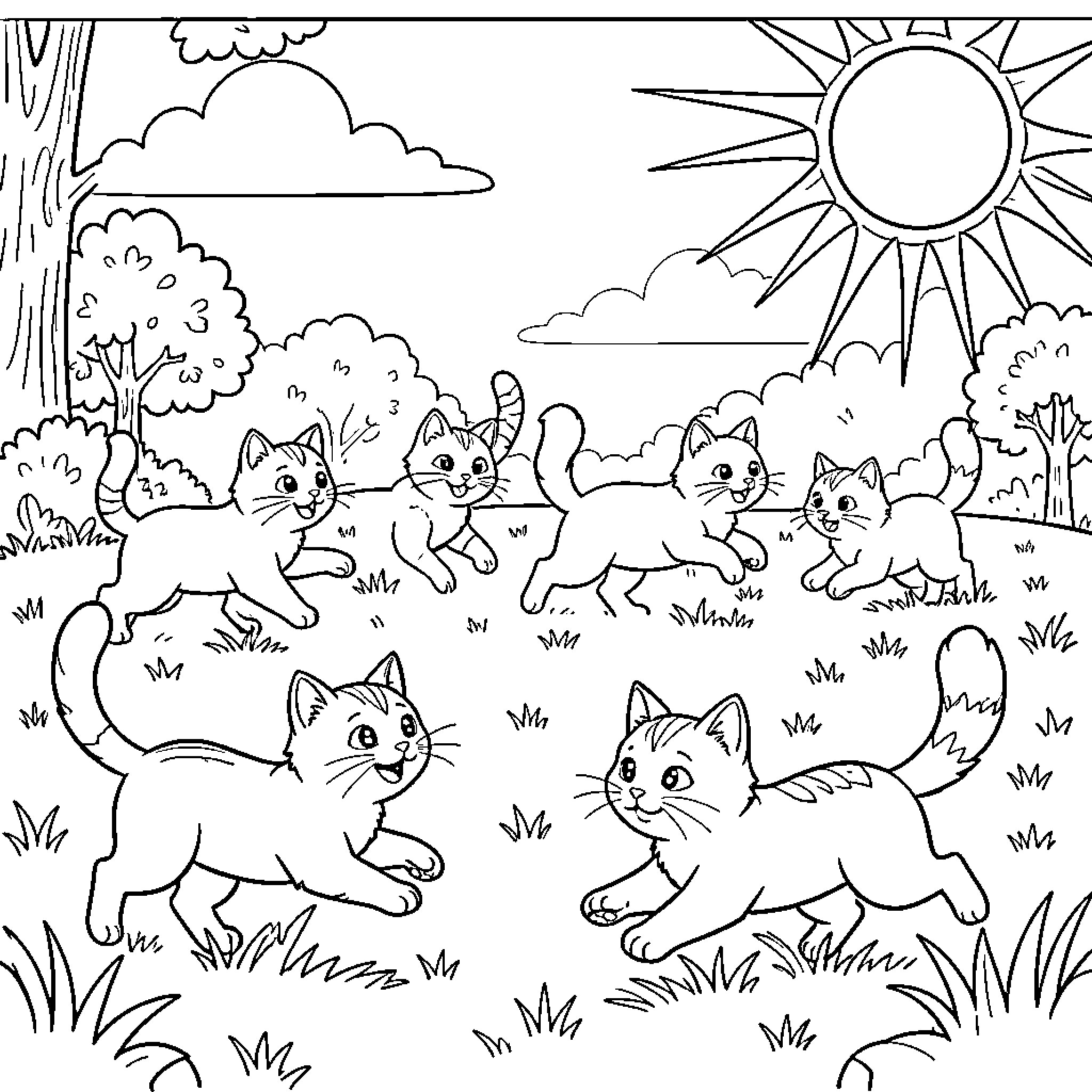 Cats playing in the sun-filled park Coloring Page (free black-and-white line drawing printable PDF for all, from beginners to advanced learners, including children, teens, adults, and seniors)