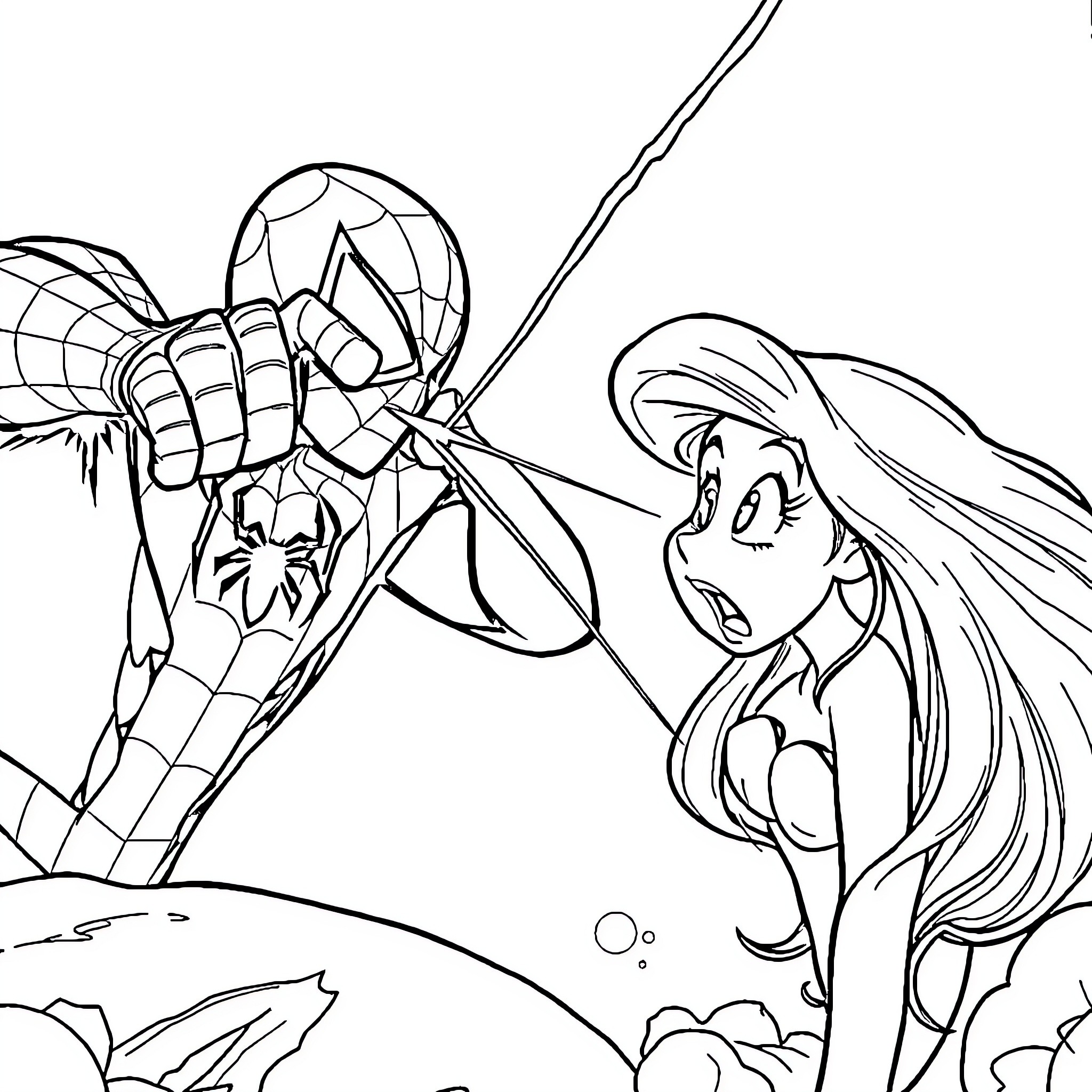 Spiderman rescuing a mermaid underwater Coloring Page (free black-and-white line drawing printable PDF for all, from beginners to advanced learners, including children, teens, adults, and seniors)