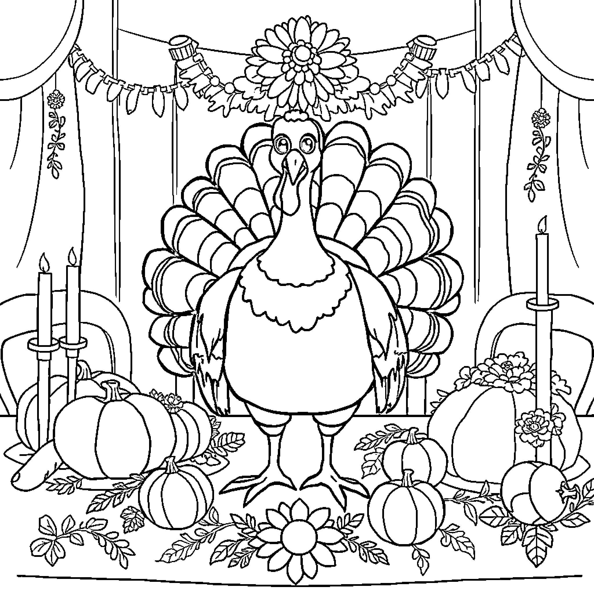Turkey Decor with Pumpkins and Flowers Coloring Page (free black-and-white line drawing printable PDF for all, from beginners to advanced learners, including children, teens, adults, and seniors)