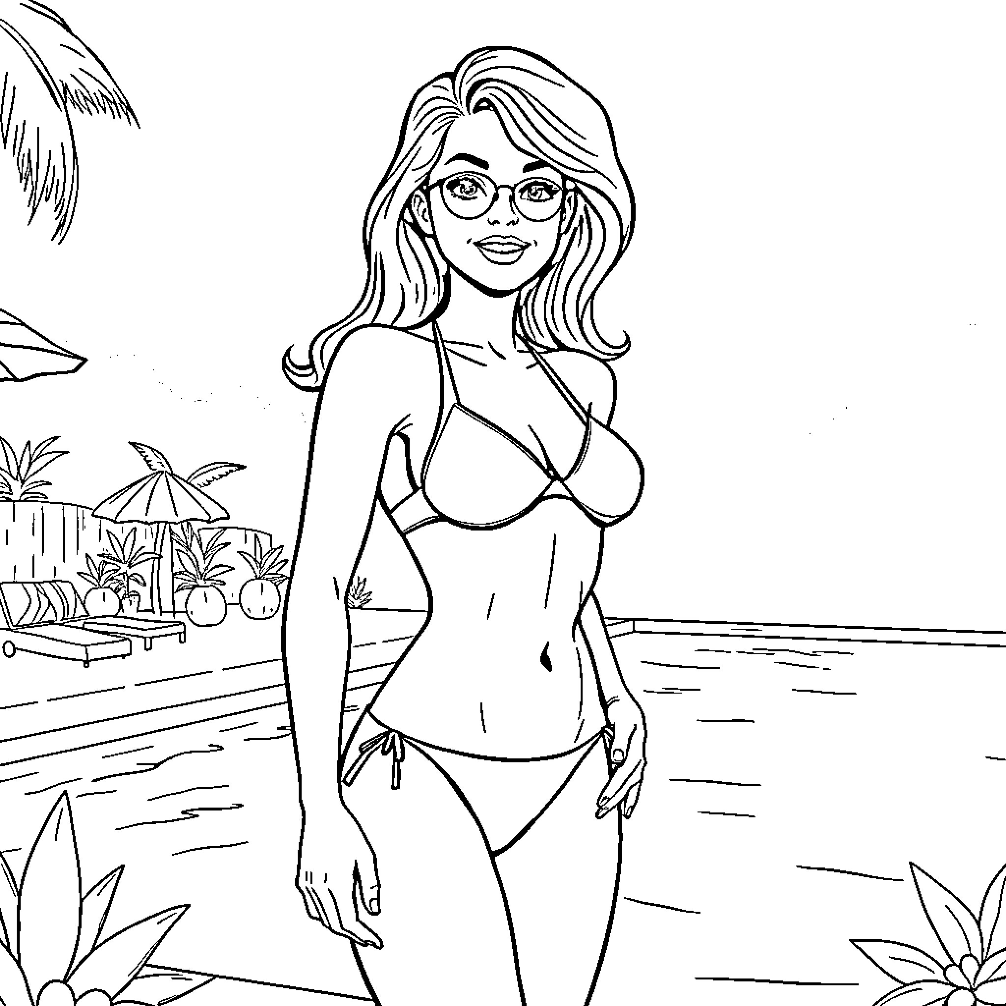 Daphne relaxing at the beach in a swimsuit Coloring Page (free black-and-white line drawing printable PDF for all, from beginners to advanced learners, including children, teens, adults, and seniors)