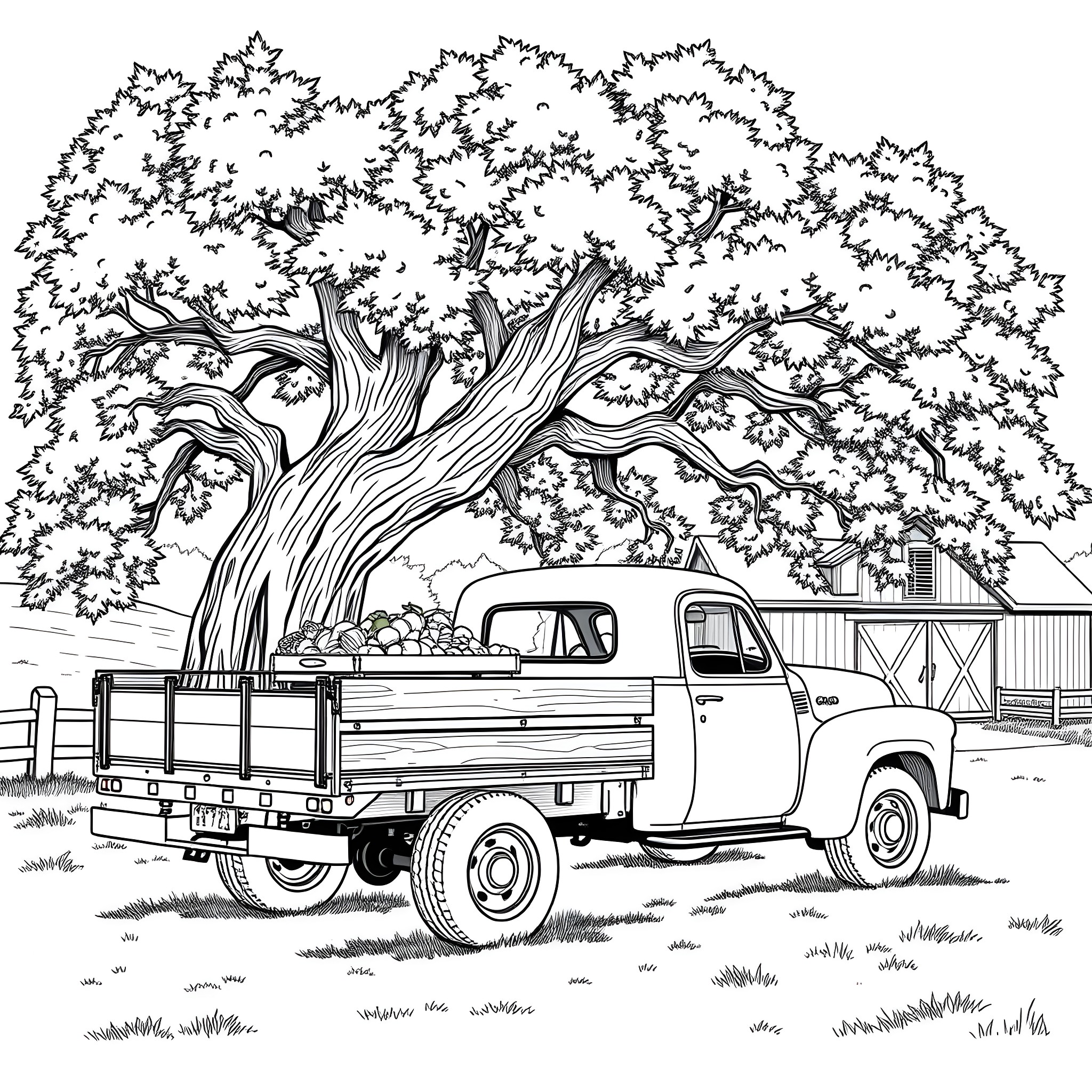Flatbed truck carrying harvest in orchard Coloring Page (free black-and-white line drawing printable PDF for all, from beginners to advanced learners, including children, teens, adults, and seniors)