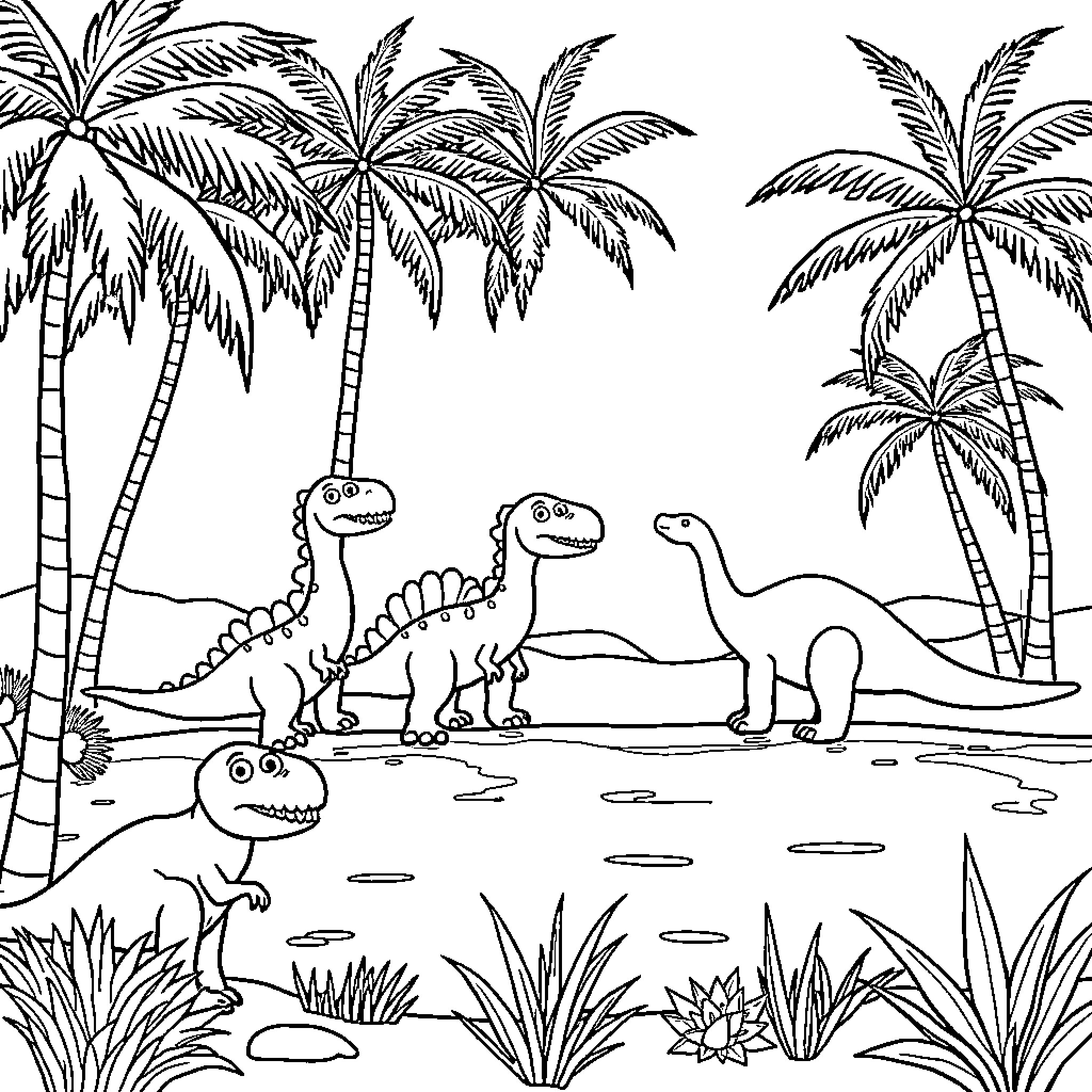 Dinosaurs exploring tropical forest landscape Coloring Page (free black-and-white line drawing printable PDF for all, from beginners to advanced learners, including children, teens, adults, and seniors)