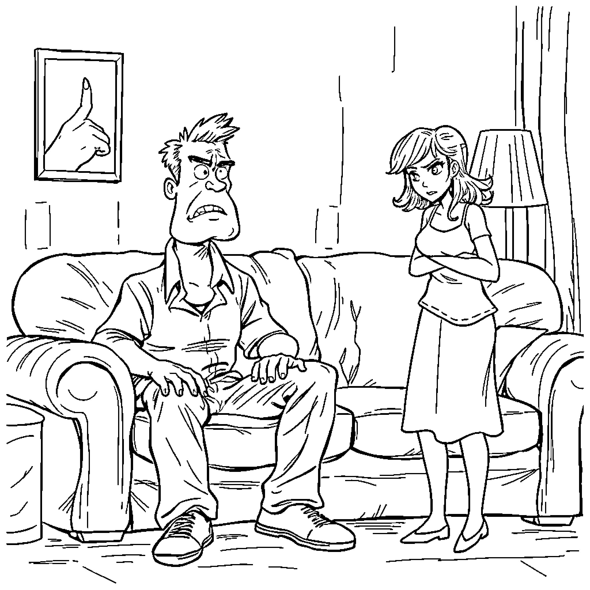 Husband and wife in heated discussion Coloring Page (free black-and-white line drawing printable PDF for all, from beginners to advanced learners, including children, teens, adults, and seniors)