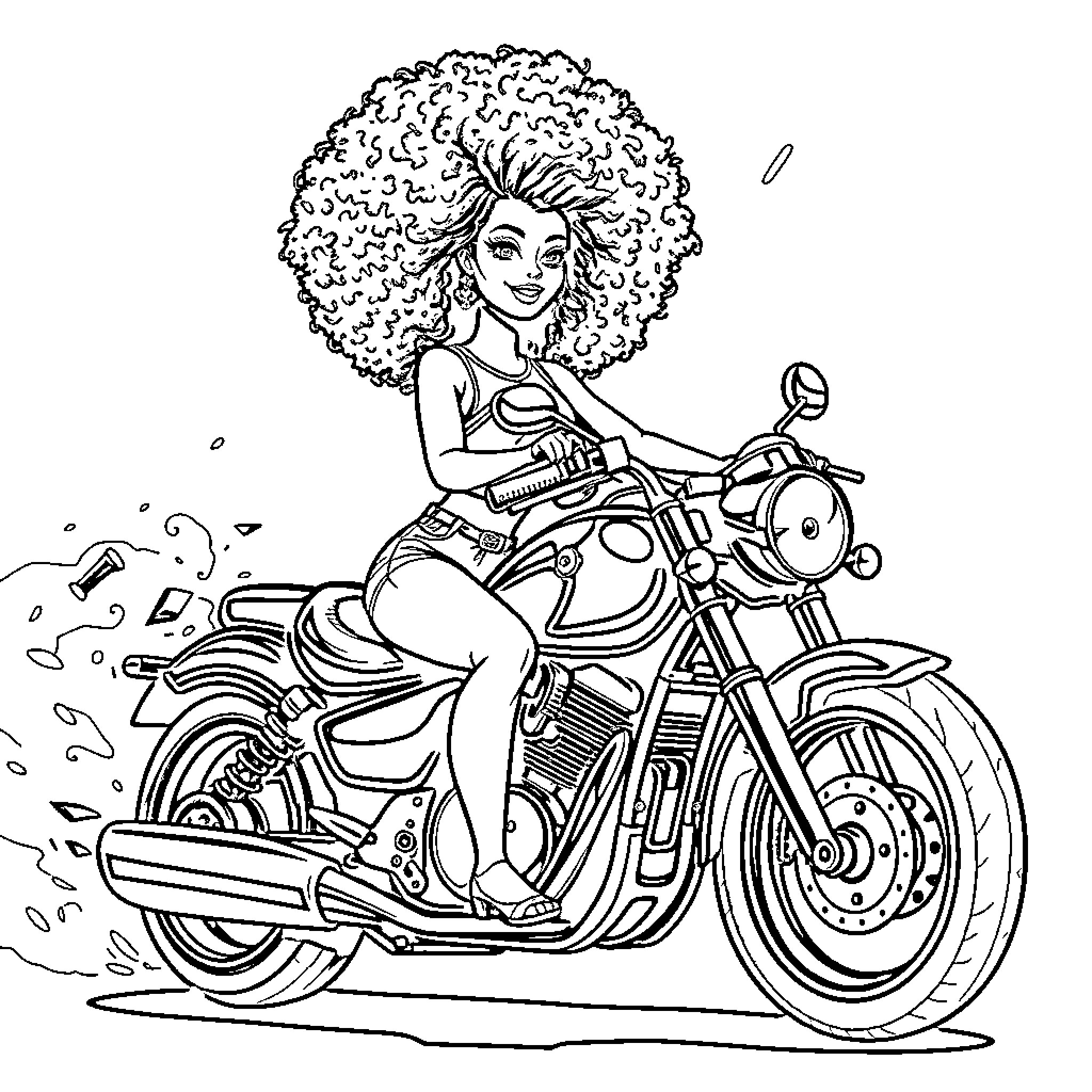 Barbie riding a stylish motorcycle Coloring Page (free black-and-white line drawing printable PDF for all, from beginners to advanced learners, including children, teens, adults, and seniors)