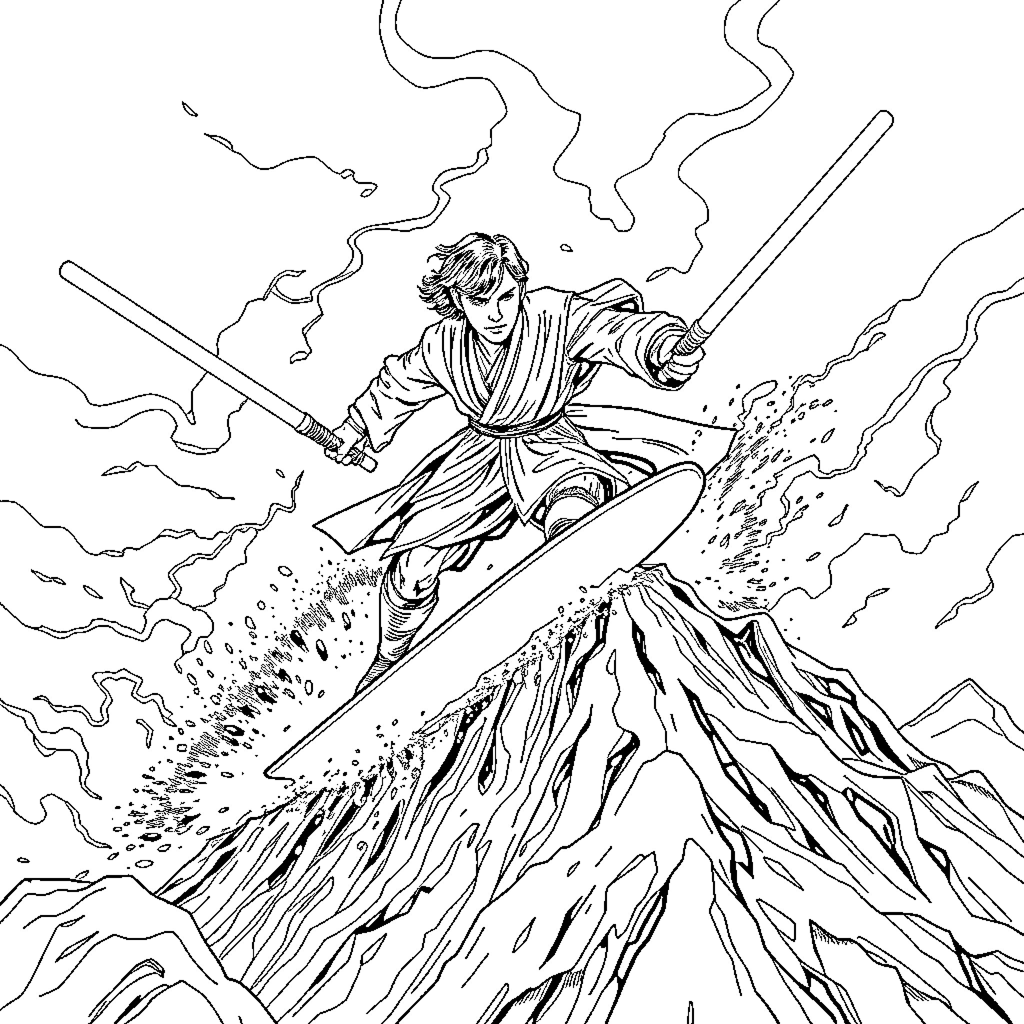 Anakin Skywalker unleashing Jedi power on rugged terrain Coloring Page (free black-and-white line drawing printable PDF for all, from beginners to advanced learners, including children, teens, adults, and seniors)
