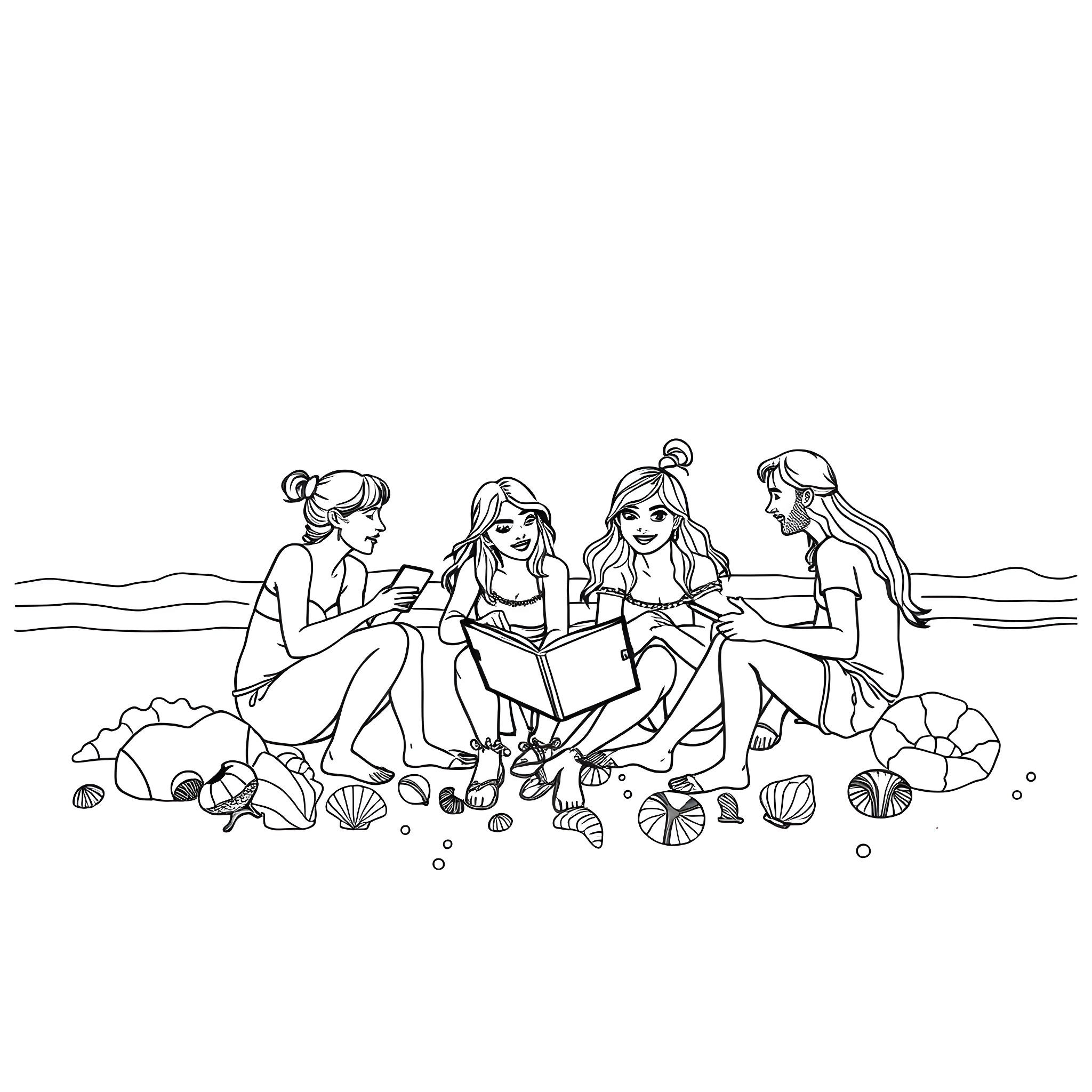 Crafter girls exploring seashells on the beach Coloring Page (free black-and-white line drawing printable PDF for all, from beginners to advanced learners, including children, teens, adults, and seniors)