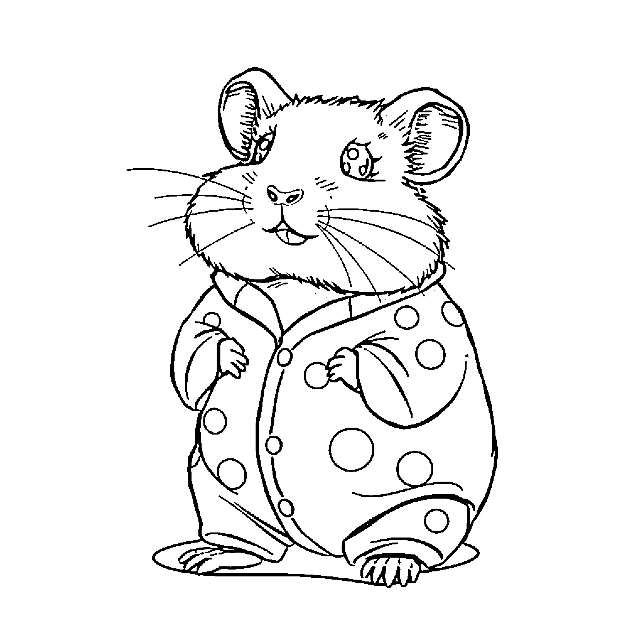 Hamster in polka dot outfit Coloring Page (free black-and-white line drawing printable PDF for all, from beginners to advanced learners, including children, teens, adults, and seniors)