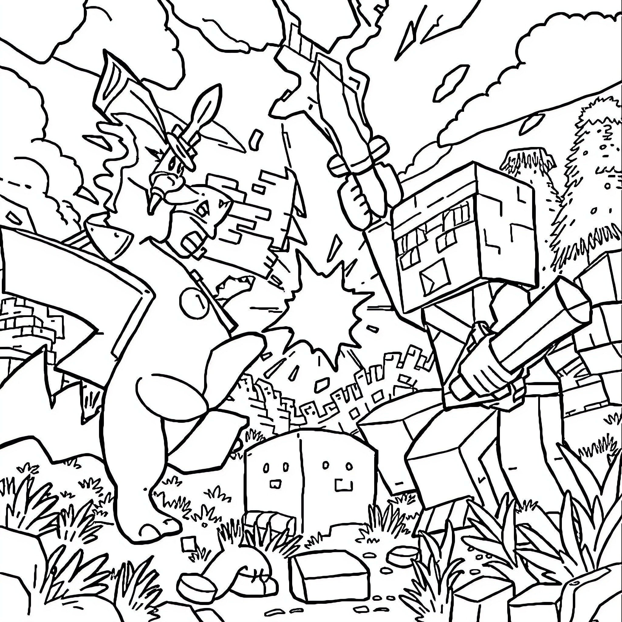 Pokémon characters battling in a destructive environment Coloring Page (free black-and-white line drawing printable PDF for all, from beginners to advanced learners, including children, teens, adults, and seniors)