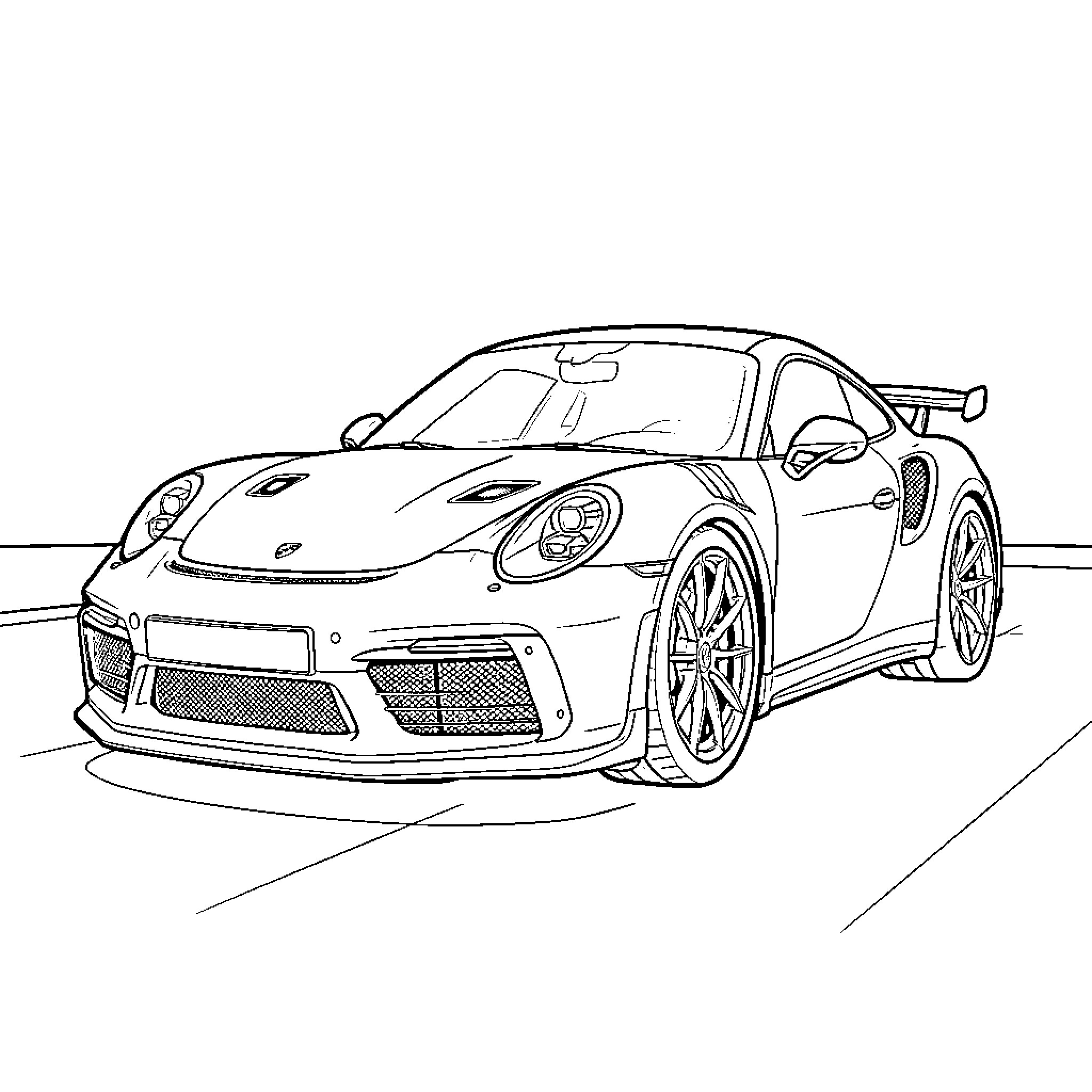 Porsche sports car parked on a flat surface Coloring Page (free black-and-white line drawing printable PDF for all, from beginners to advanced learners, including children, teens, adults, and seniors)