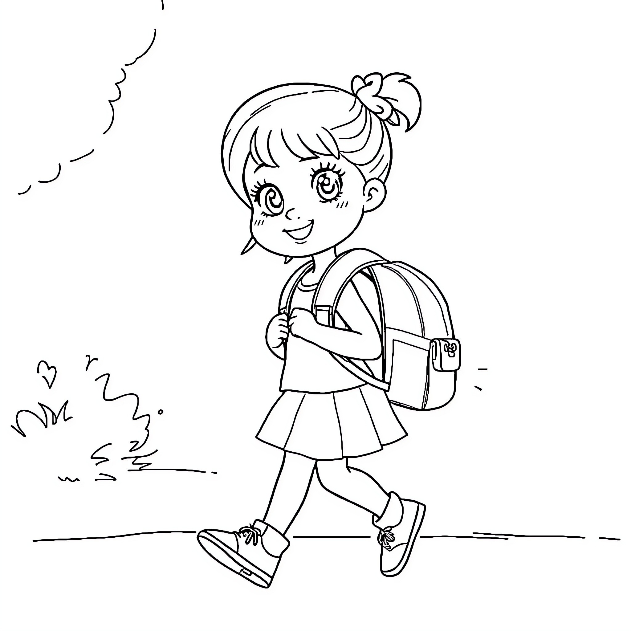 Gabby's Cheerful Walk to School Coloring Page (free black-and-white line drawing printable PDF for all, from beginners to advanced learners, including children, teens, adults, and seniors)