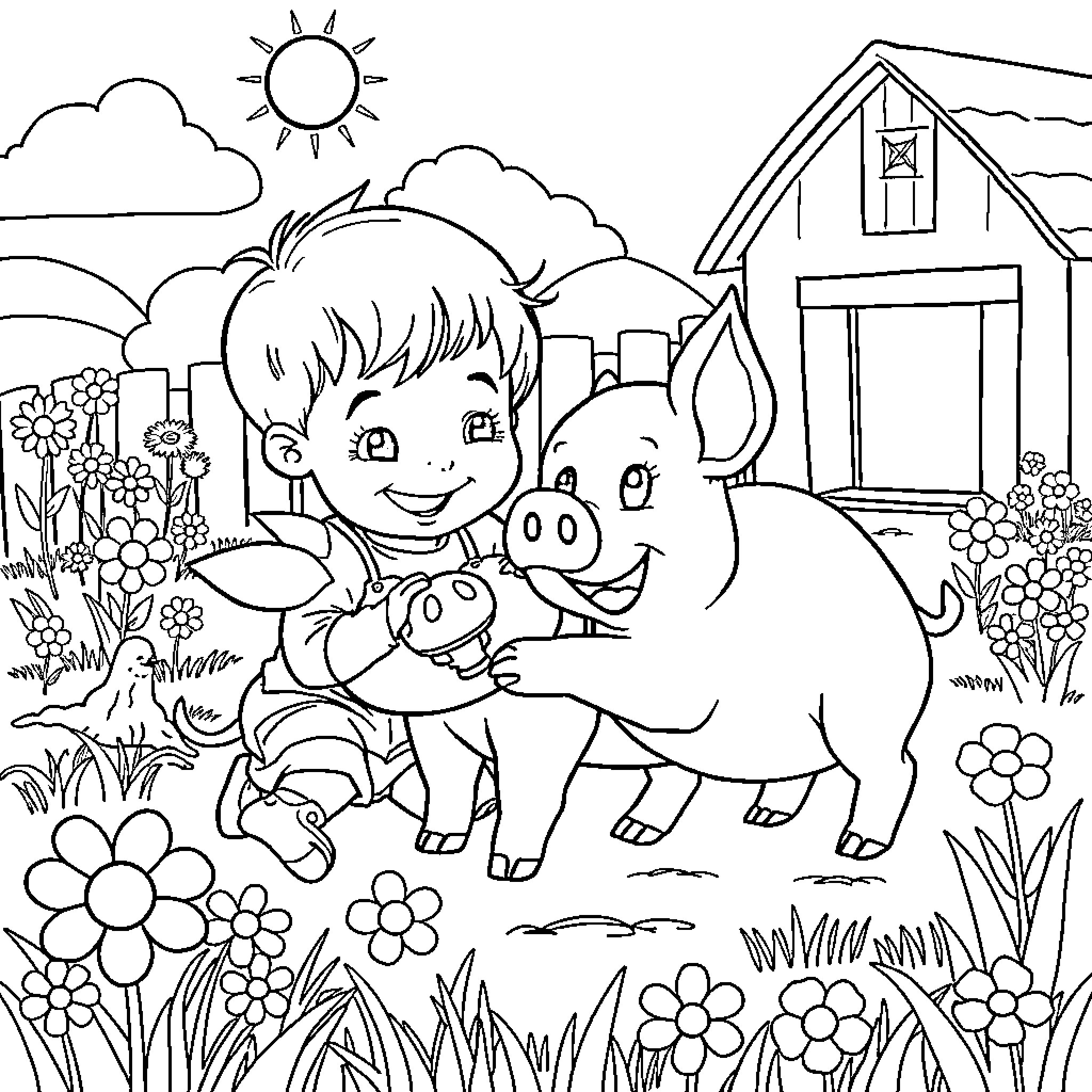 Pig playing with a young child in a rural setting Coloring Page (free black-and-white line drawing printable PDF for all, from beginners to advanced learners, including children, teens, adults, and seniors)