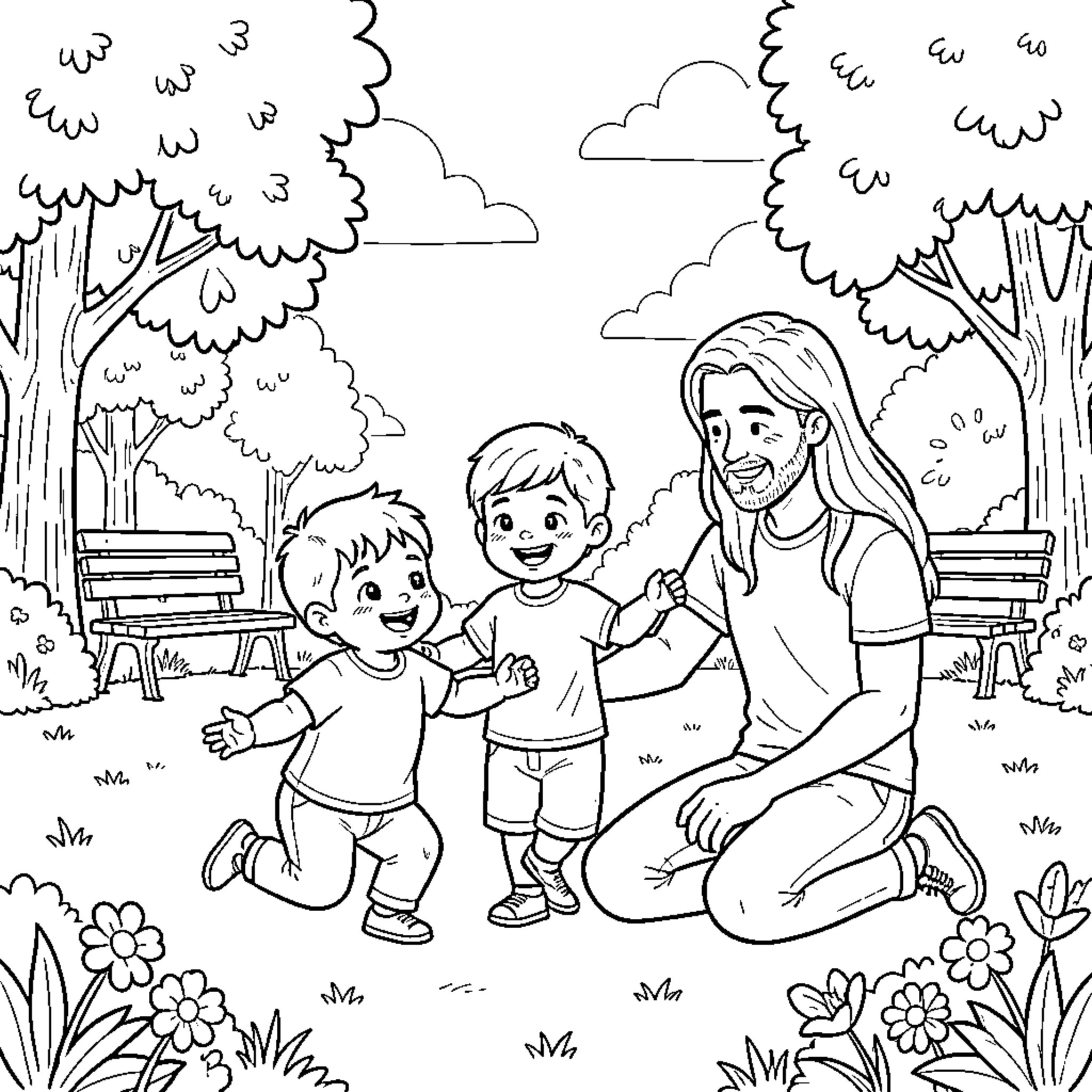 Child playing joyfully with Jesus in a park Coloring Page (free black-and-white line drawing printable PDF for all, from beginners to advanced learners, including children, teens, adults, and seniors)