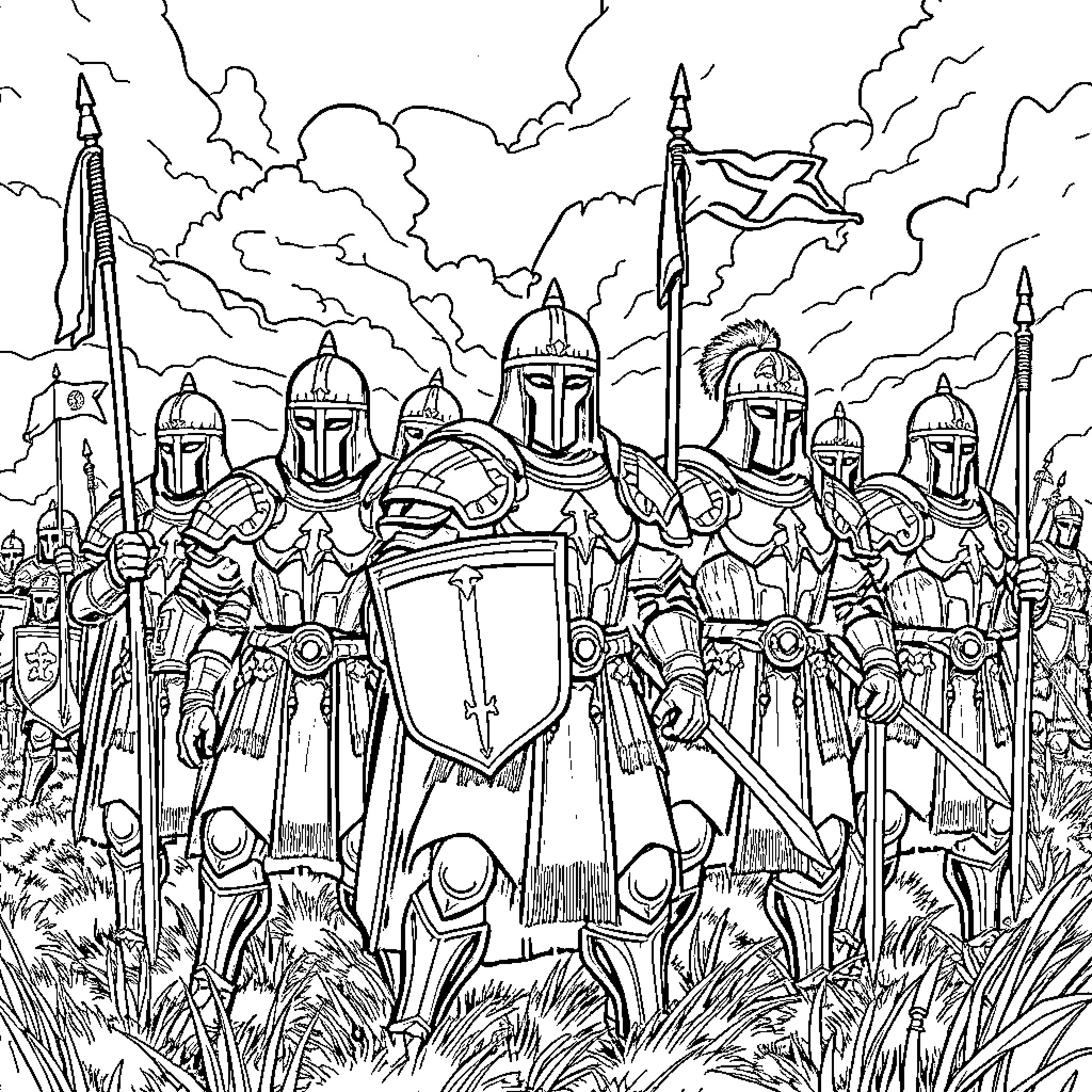 NAFFEN Armored Warrior Knights Marching in Battle Formation Coloring Page (free black-and-white line drawing printable PDF for all, from beginners to advanced learners, including children, teens, adults, and seniors)