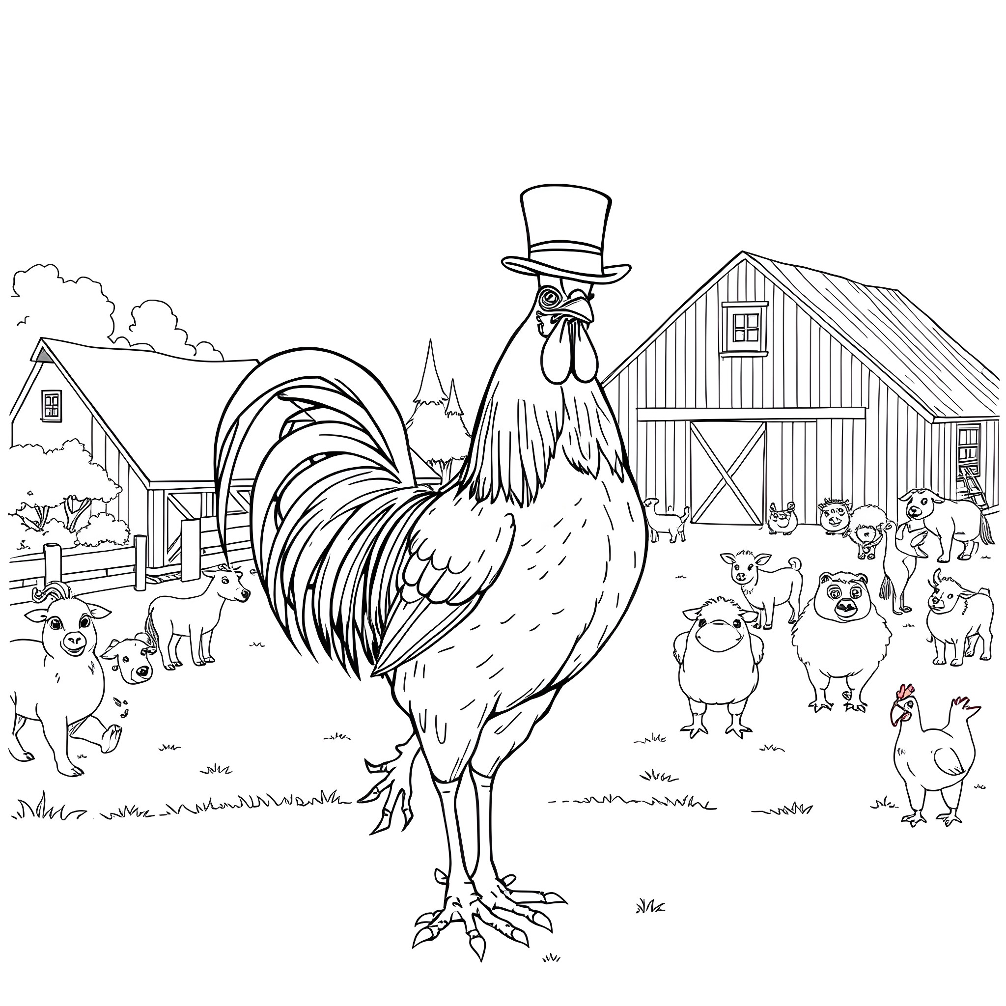 Rooster proudly stands on a farm with various animals Coloring Page (free black-and-white line drawing printable PDF for all, from beginners to advanced learners, including children, teens, adults, and seniors)