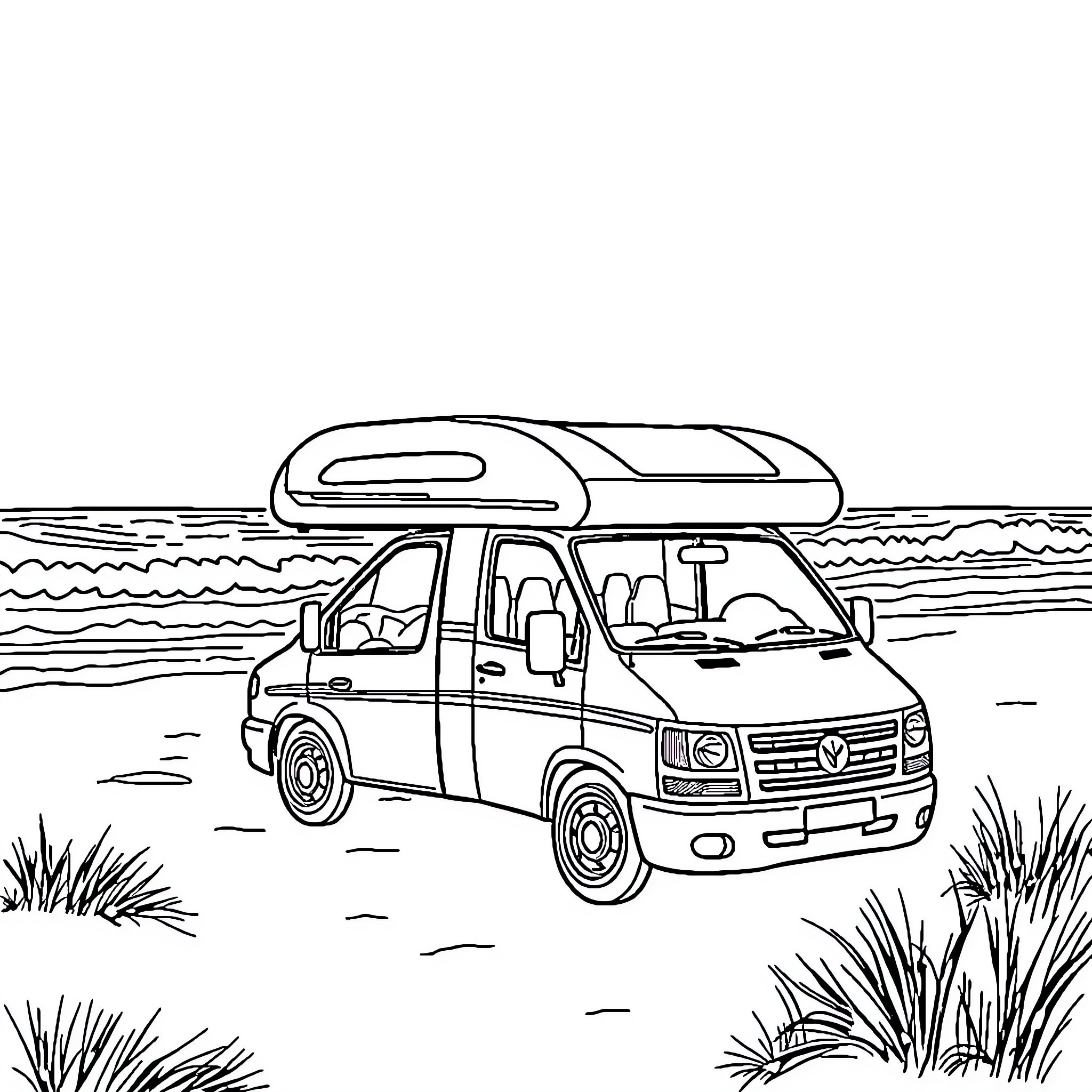 Motorhome parked near scenic beach landscape Coloring Page (free black-and-white line drawing printable PDF for all, from beginners to advanced learners, including children, teens, adults, and seniors)
