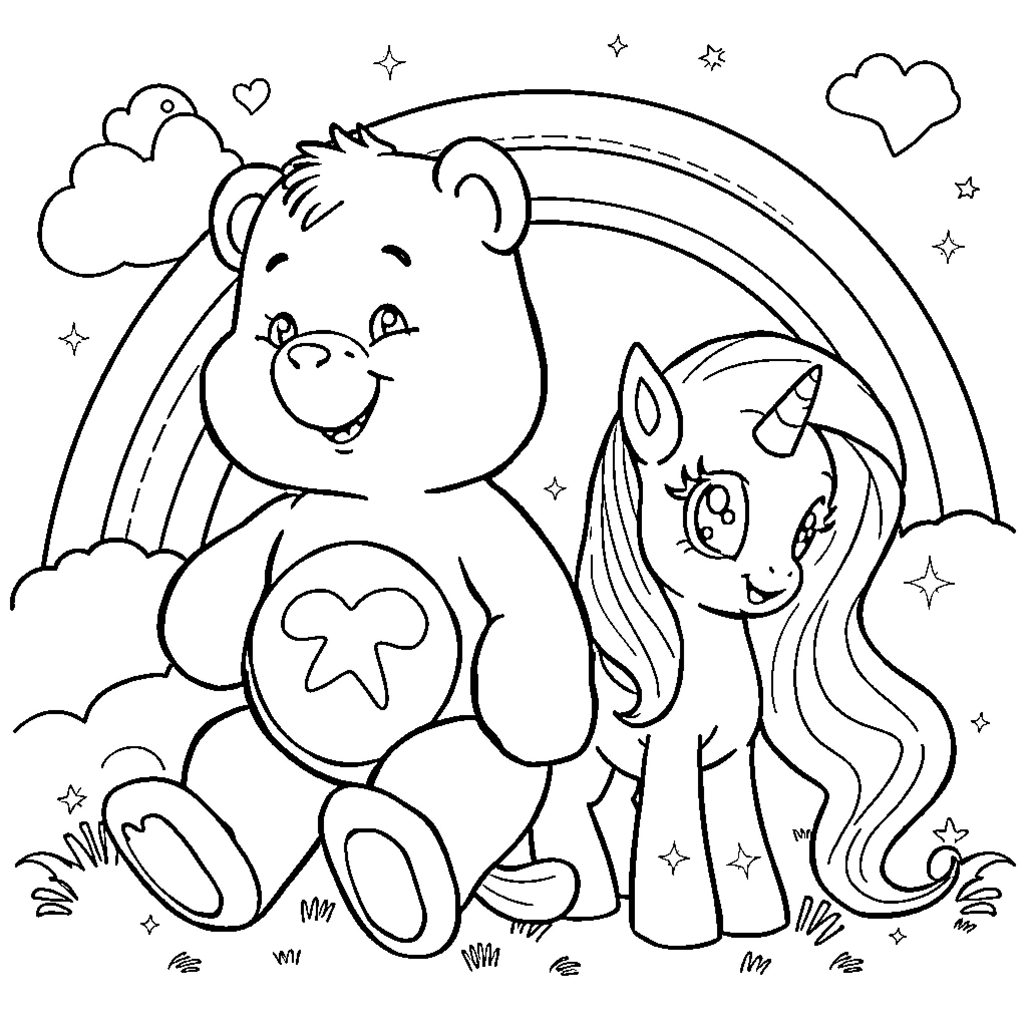 Carebear playing happily with a unicorn in the stars Coloring Page (free black-and-white line drawing printable PDF for all, from beginners to advanced learners, including children, teens, adults, and seniors)