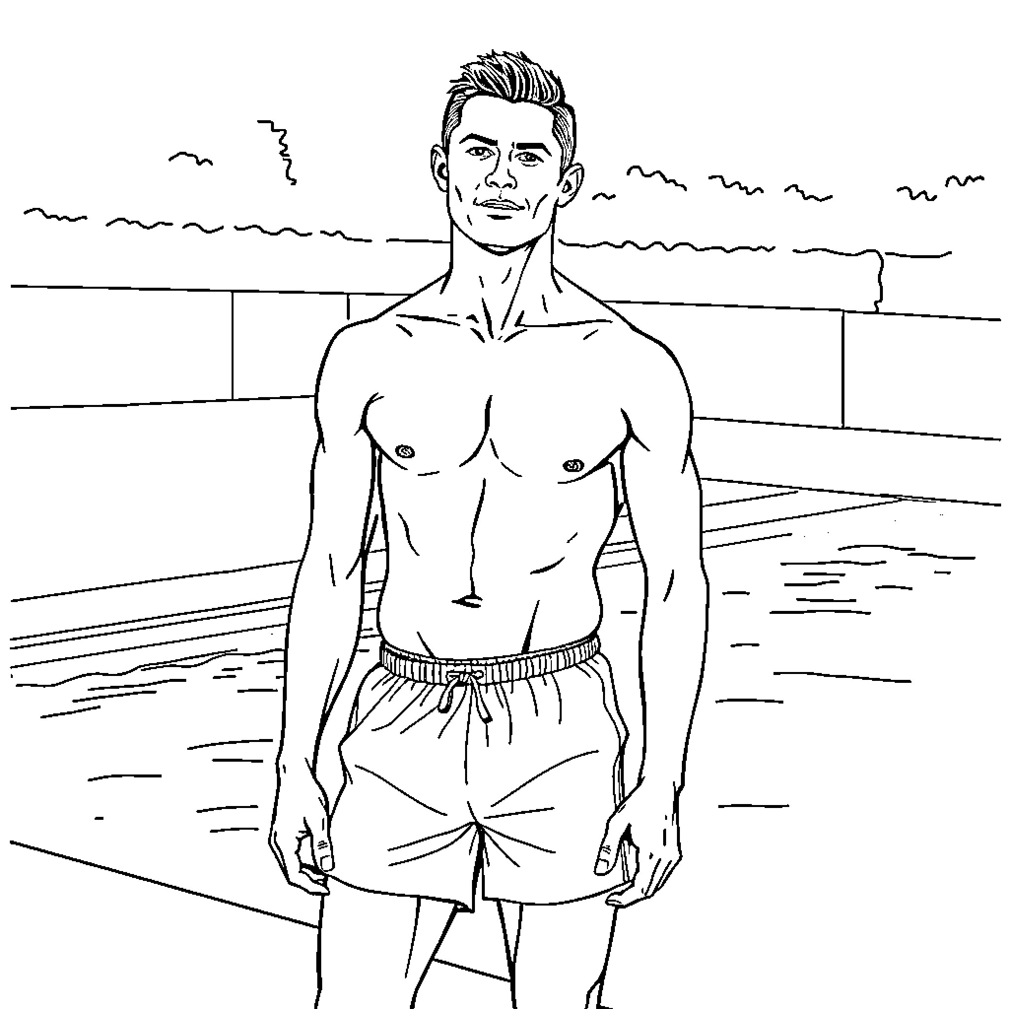 Ronaldo relaxing by the seaside Coloring Page (free black-and-white line drawing printable PDF for all, from beginners to advanced learners, including children, teens, adults, and seniors)