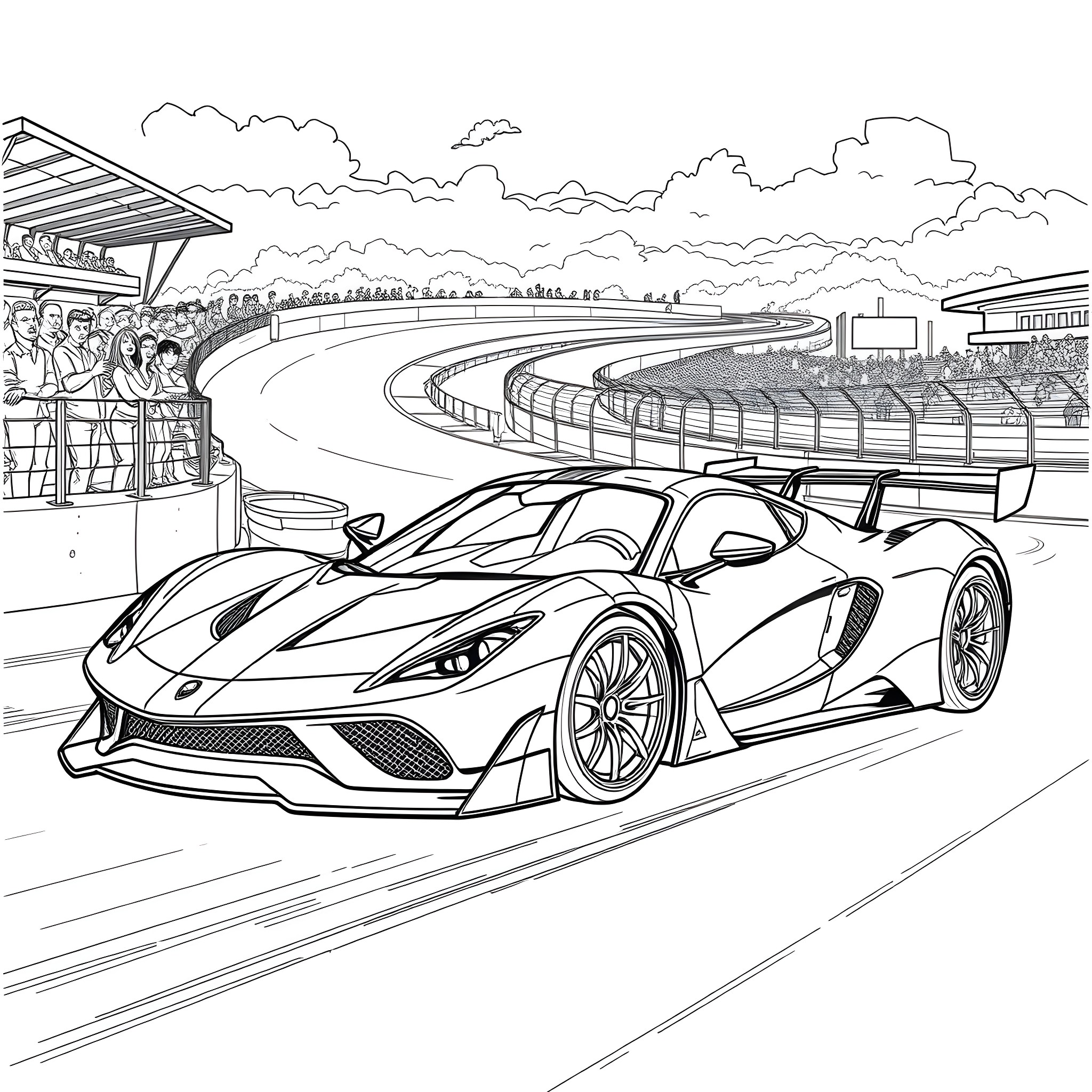 Ferrari racing on the racetrack Coloring Page (free black-and-white line drawing printable PDF for all, from beginners to advanced learners, including children, teens, adults, and seniors)