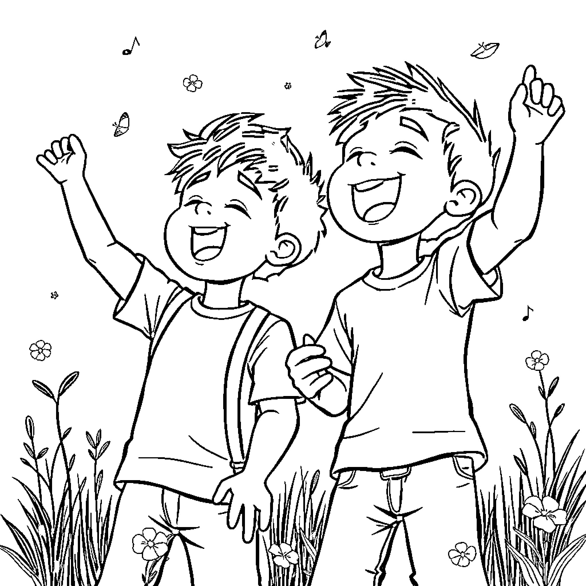 Huntrix Young Friends Celebrating Joyfully Coloring Page (free black-and-white line drawing printable PDF for all, from beginners to advanced learners, including children, teens, adults, and seniors)