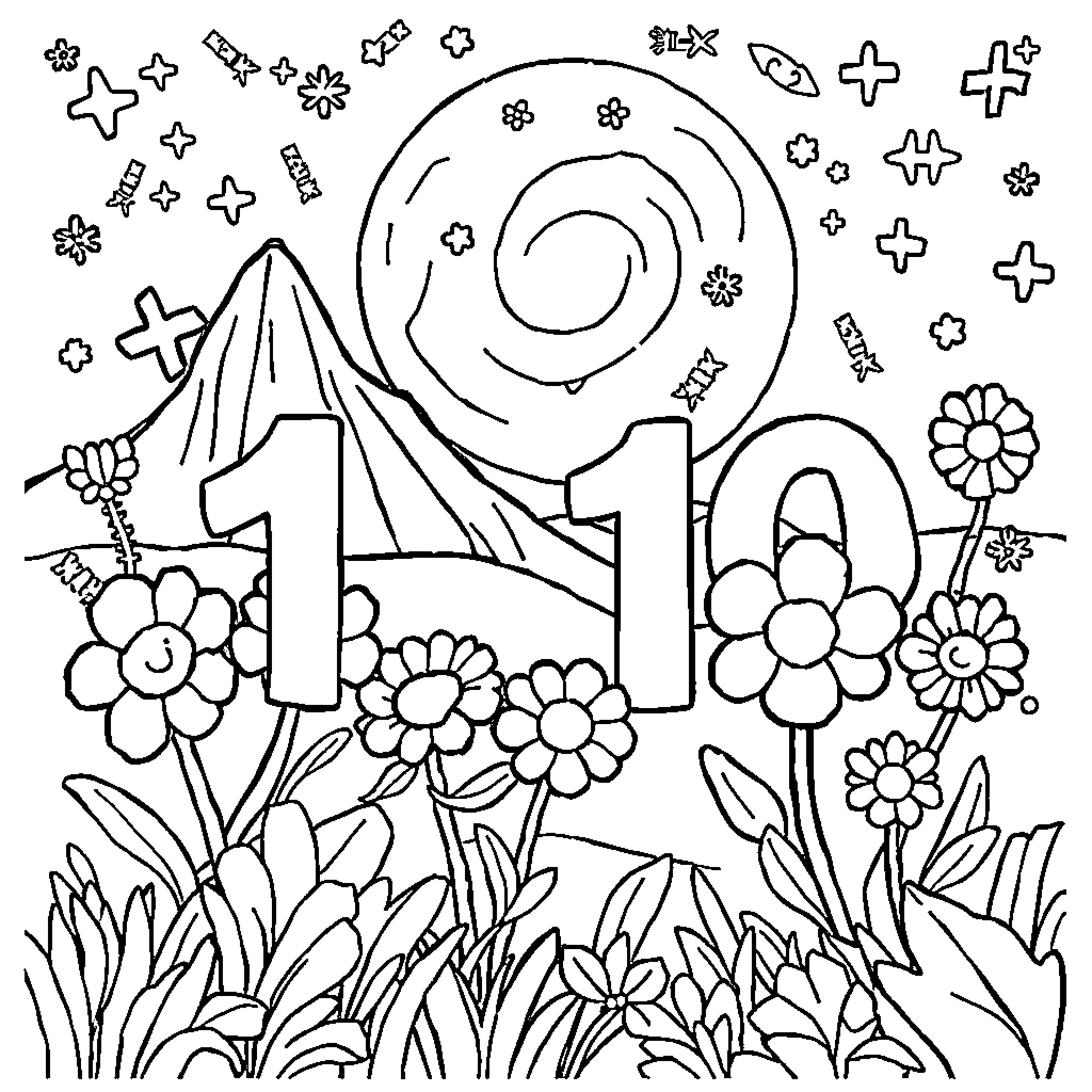 Magic Floral Celebration in the Meadow Coloring Page (free black-and-white line drawing printable PDF for all, from beginners to advanced learners, including children, teens, adults, and seniors)