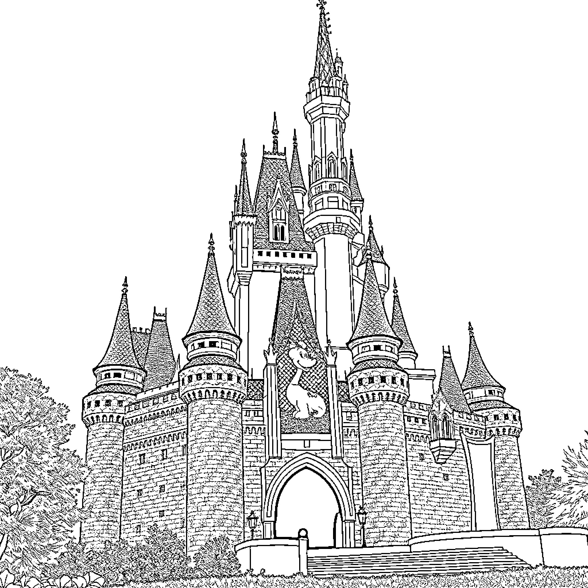 Castle with Elaborate Architectural Details Coloring Page (free black-and-white line drawing printable PDF for all, from beginners to advanced learners, including children, teens, adults, and seniors)