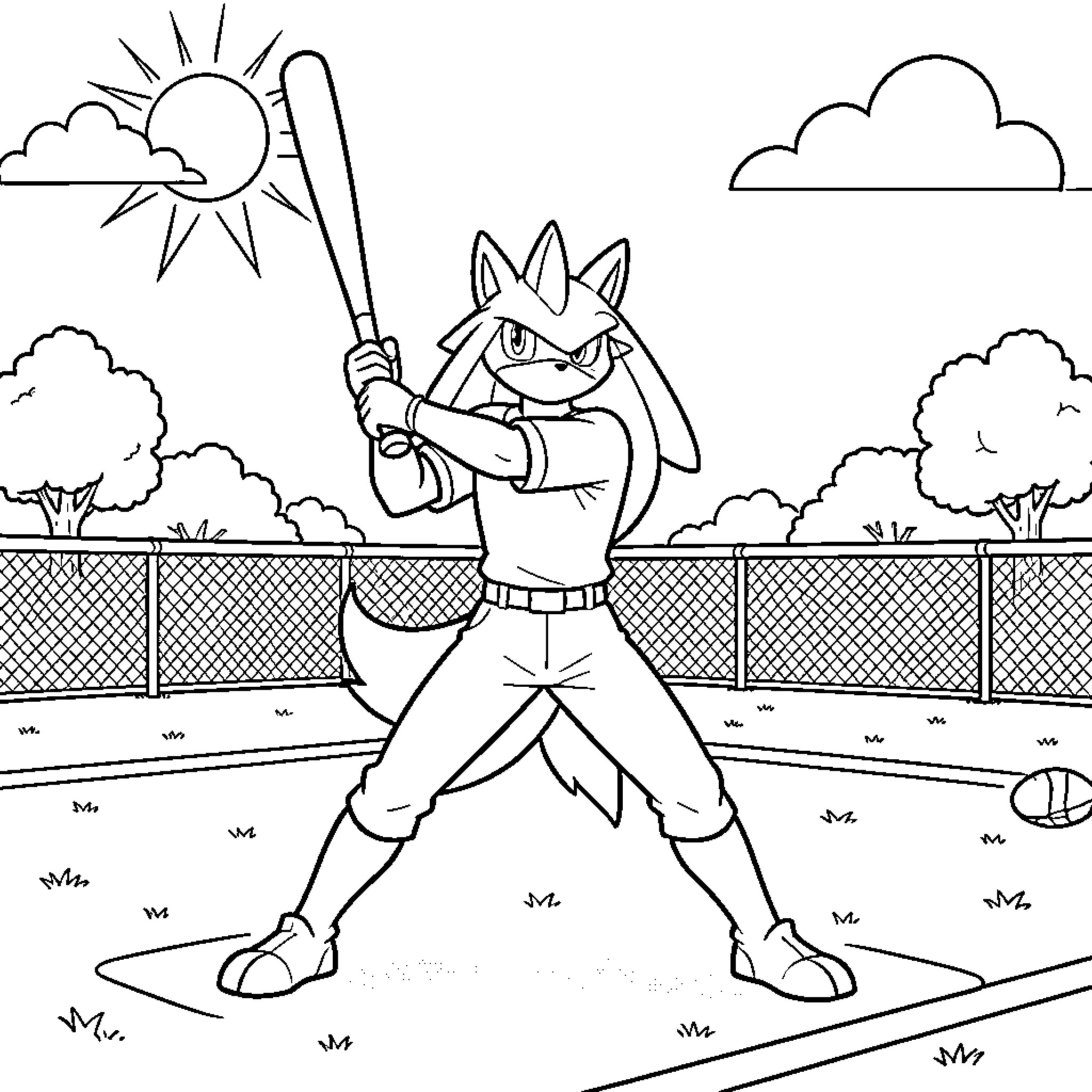 Lucario swinging a baseball bat on a field Coloring Page (free black-and-white line drawing printable PDF for all, from beginners to advanced learners, including children, teens, adults, and seniors)