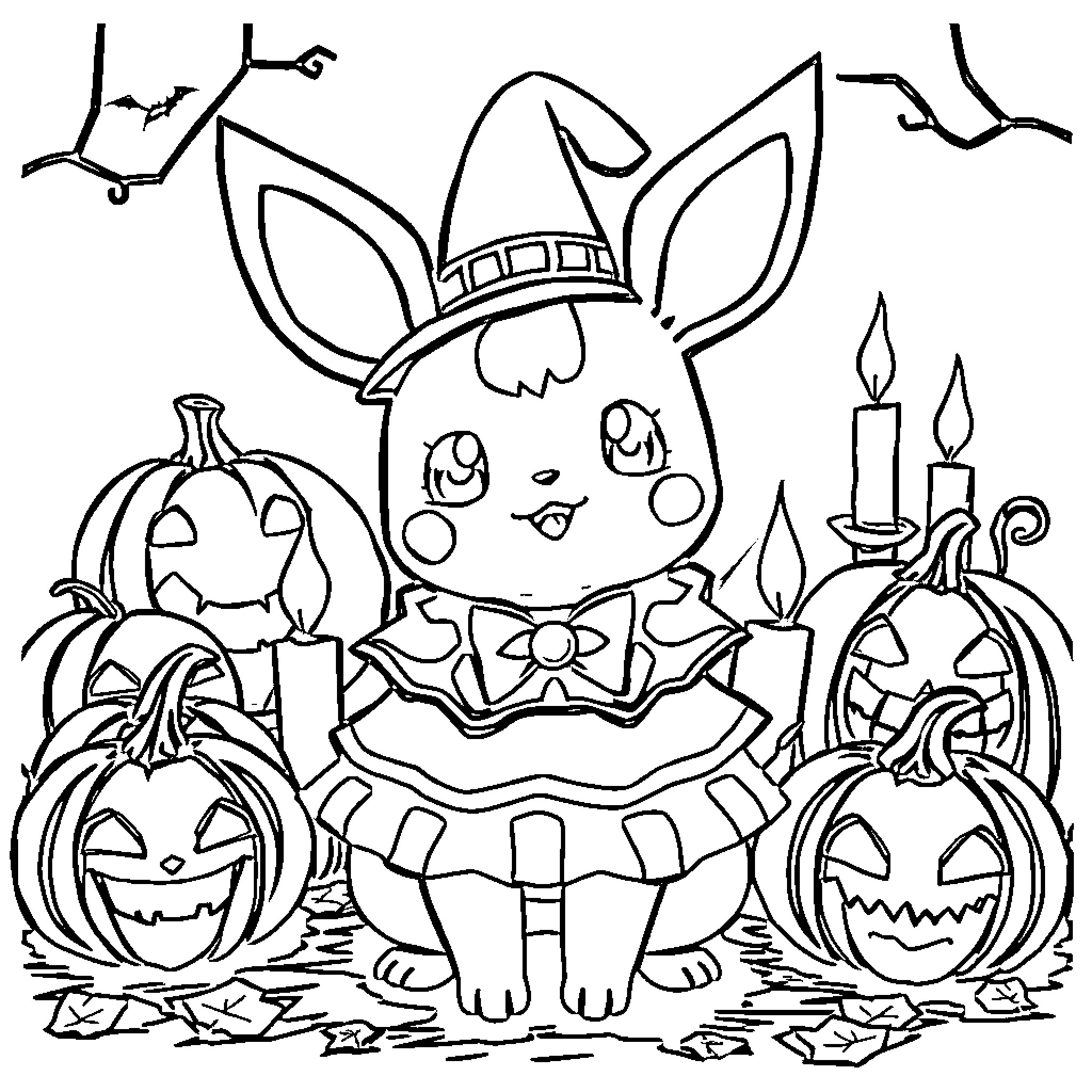 Umbreon dressed for Halloween with pumpkins Coloring Page (free black-and-white line drawing printable PDF for all, from beginners to advanced learners, including children, teens, adults, and seniors)