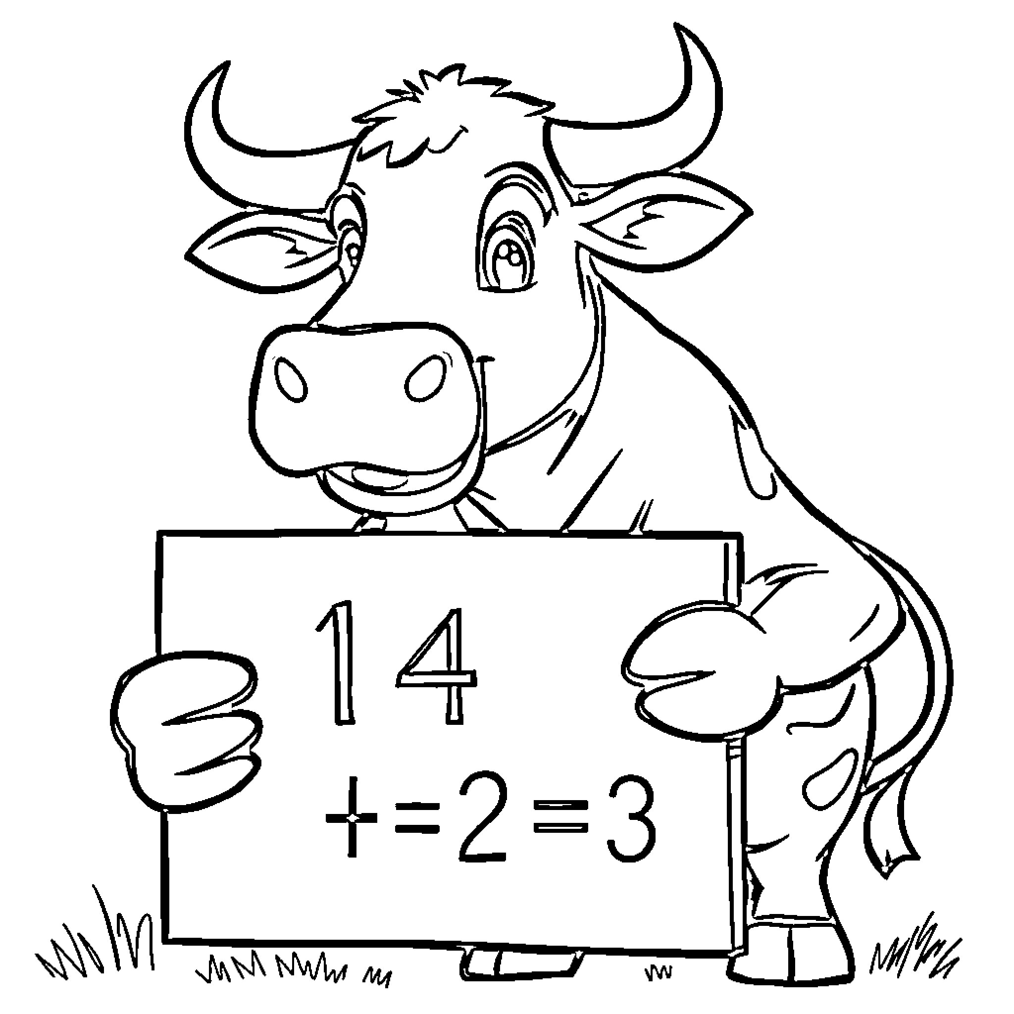 Steer solving a simple math problem Coloring Page (free black-and-white line drawing printable PDF for all, from beginners to advanced learners, including children, teens, adults, and seniors)