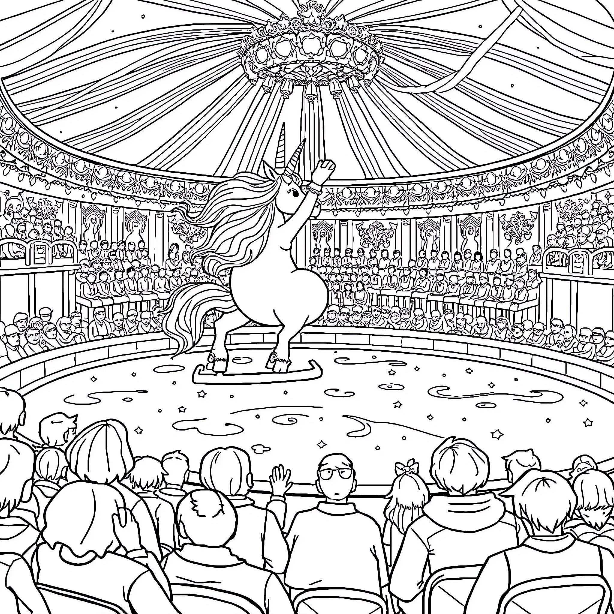 Licorne performing at a grand circus stage Coloring Page (free black-and-white line drawing printable PDF for all, from beginners to advanced learners, including children, teens, adults, and seniors)
