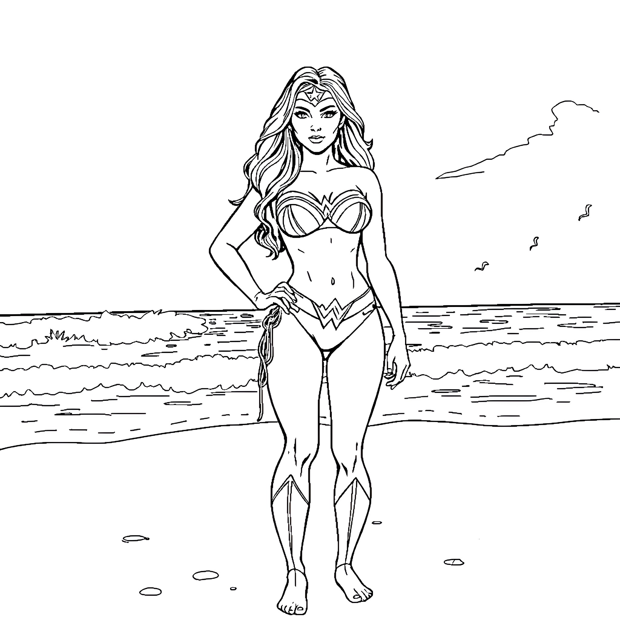 Wonder Woman Striking a Heroic Pose on the Beach Coloring Page (free black-and-white line drawing printable PDF for all, from beginners to advanced learners, including children, teens, adults, and seniors)