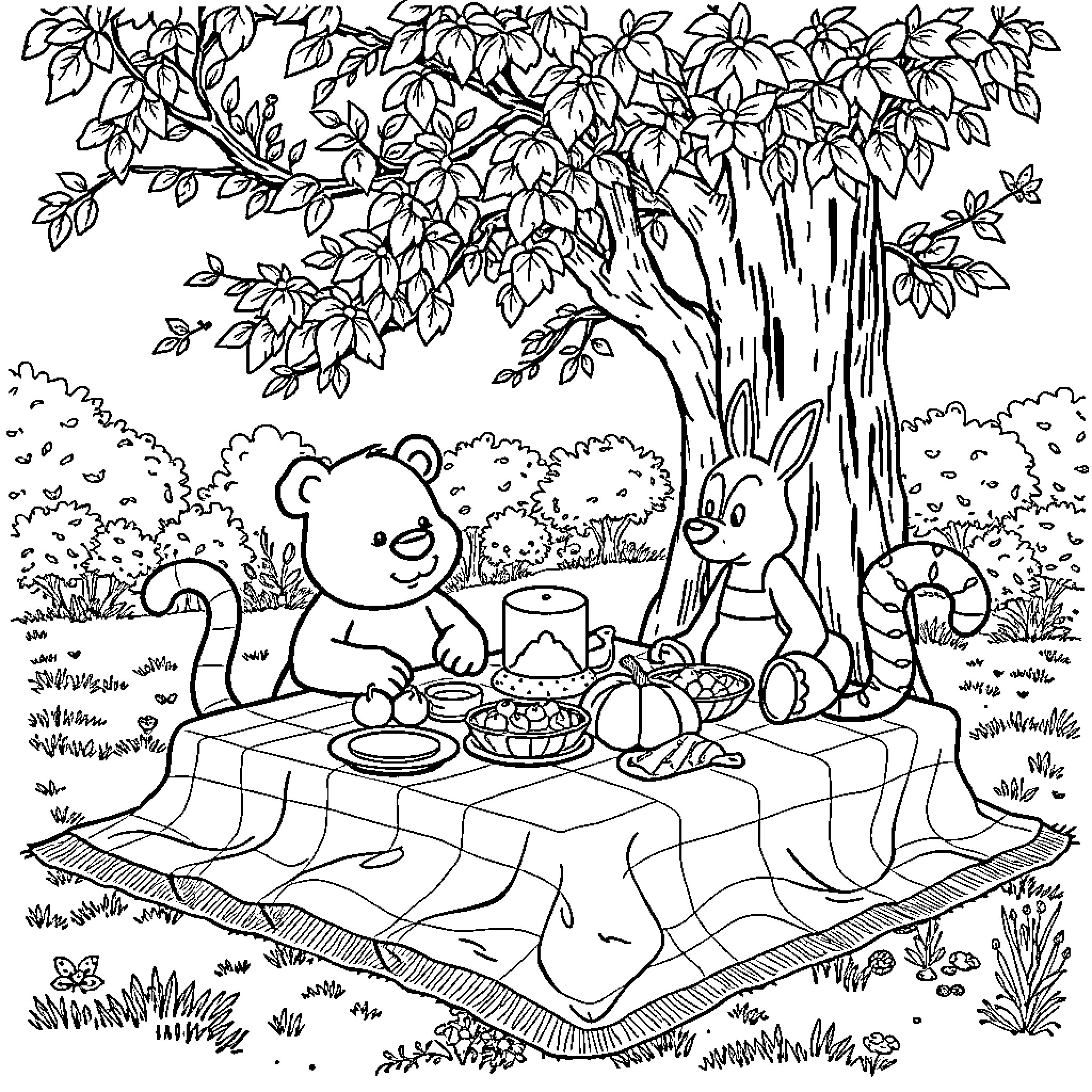 Winnie's Outdoor Picnic with Woodland Friends Coloring Page (free black-and-white line drawing printable PDF for all, from beginners to advanced learners, including children, teens, adults, and seniors)