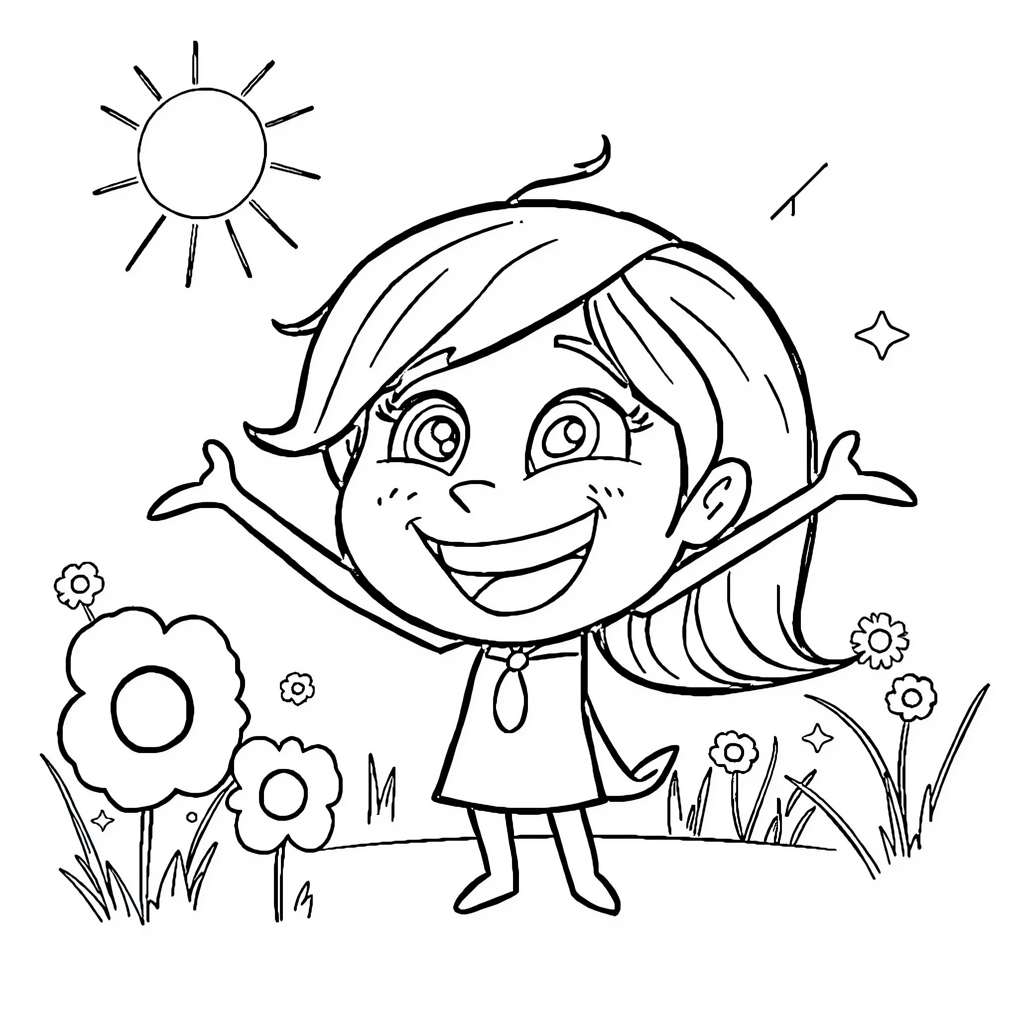 Joy of a happy girl in nature Coloring Page (free black-and-white line drawing printable PDF for all, from beginners to advanced learners, including children, teens, adults, and seniors)