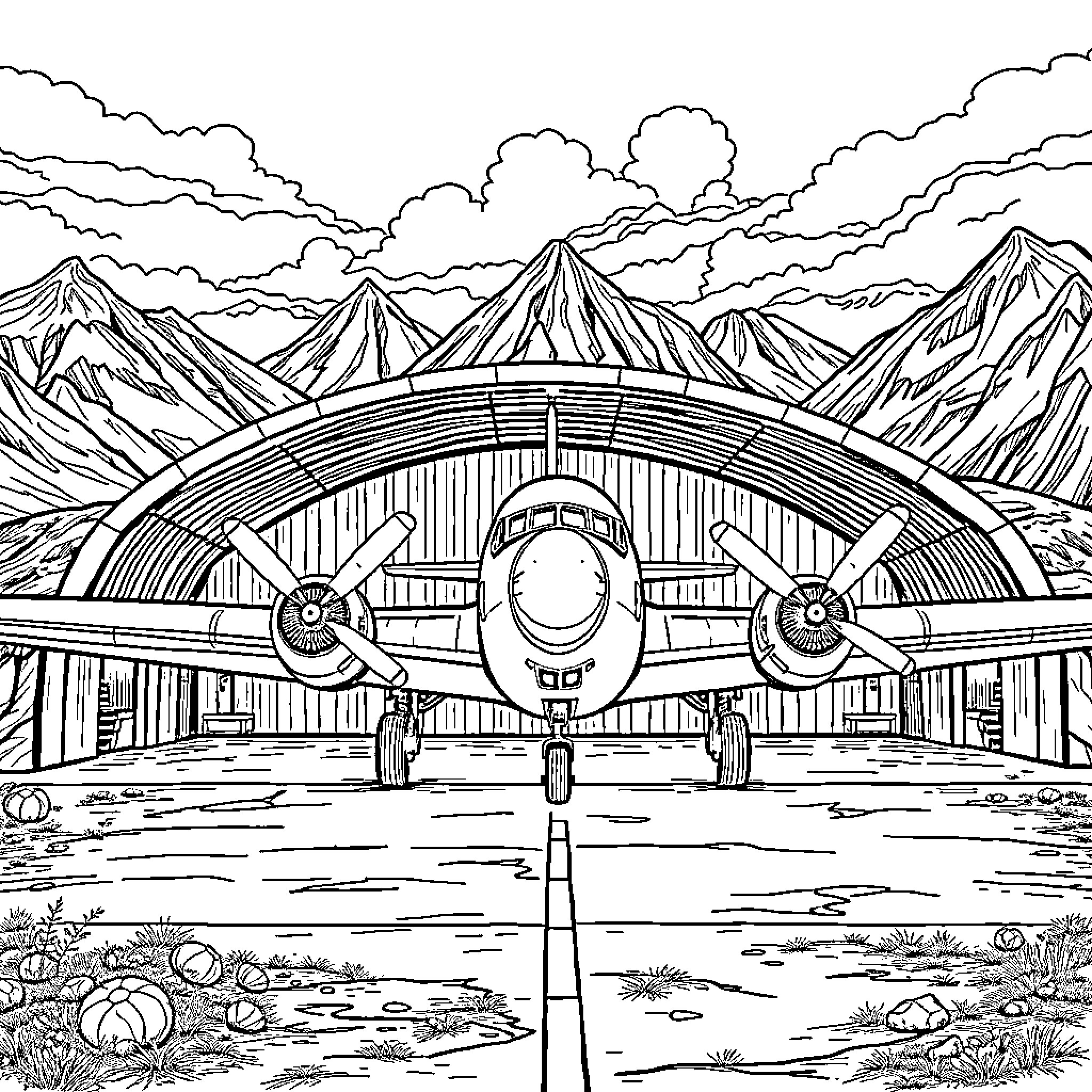 Douglas Dakota aircraft in a mountain landscape Coloring Page (free black-and-white line drawing printable PDF for all, from beginners to advanced learners, including children, teens, adults, and seniors)