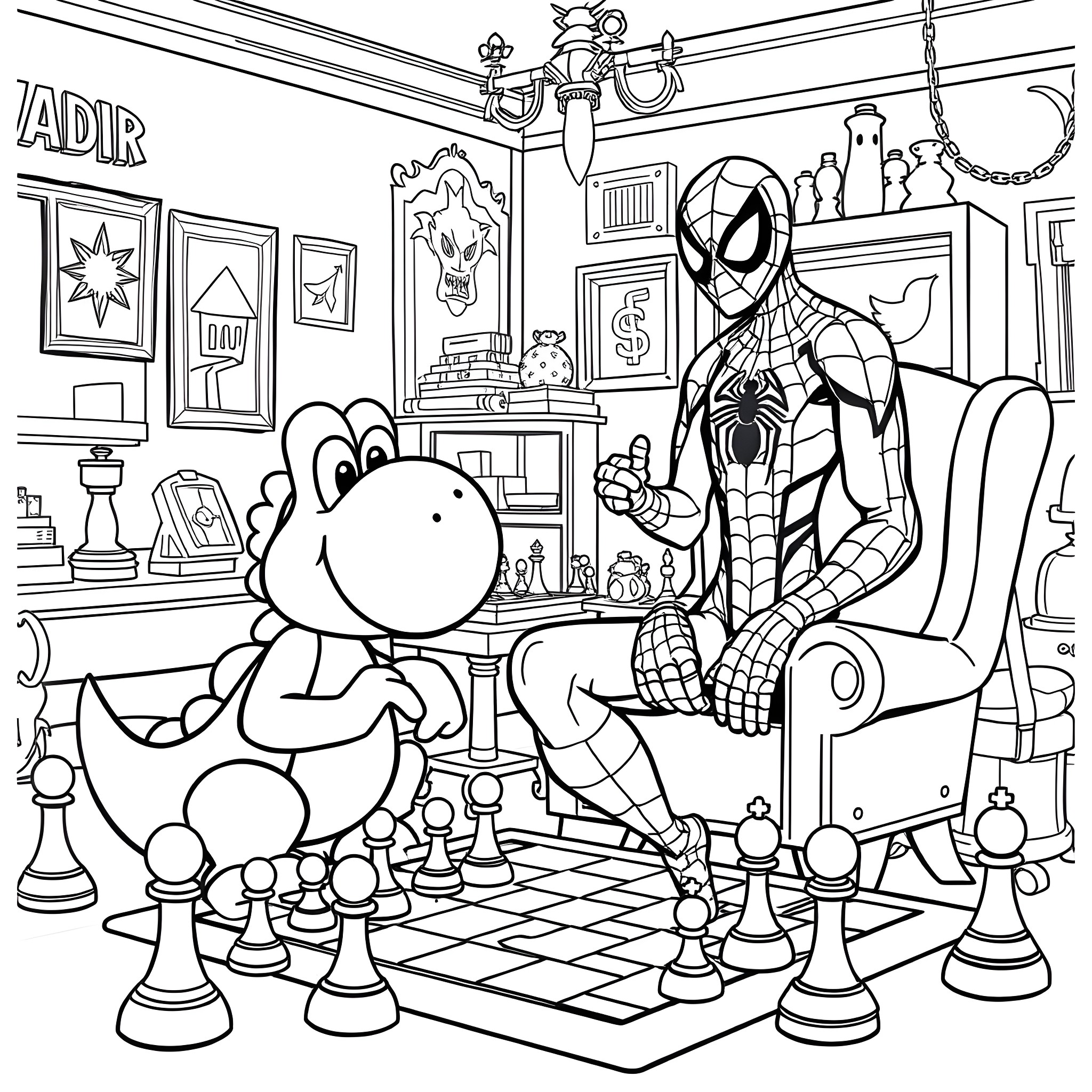 Yoshi and Spider-Man playing chess in the living room Coloring Page (free black-and-white line drawing printable PDF for all, from beginners to advanced learners, including children, teens, adults, and seniors)