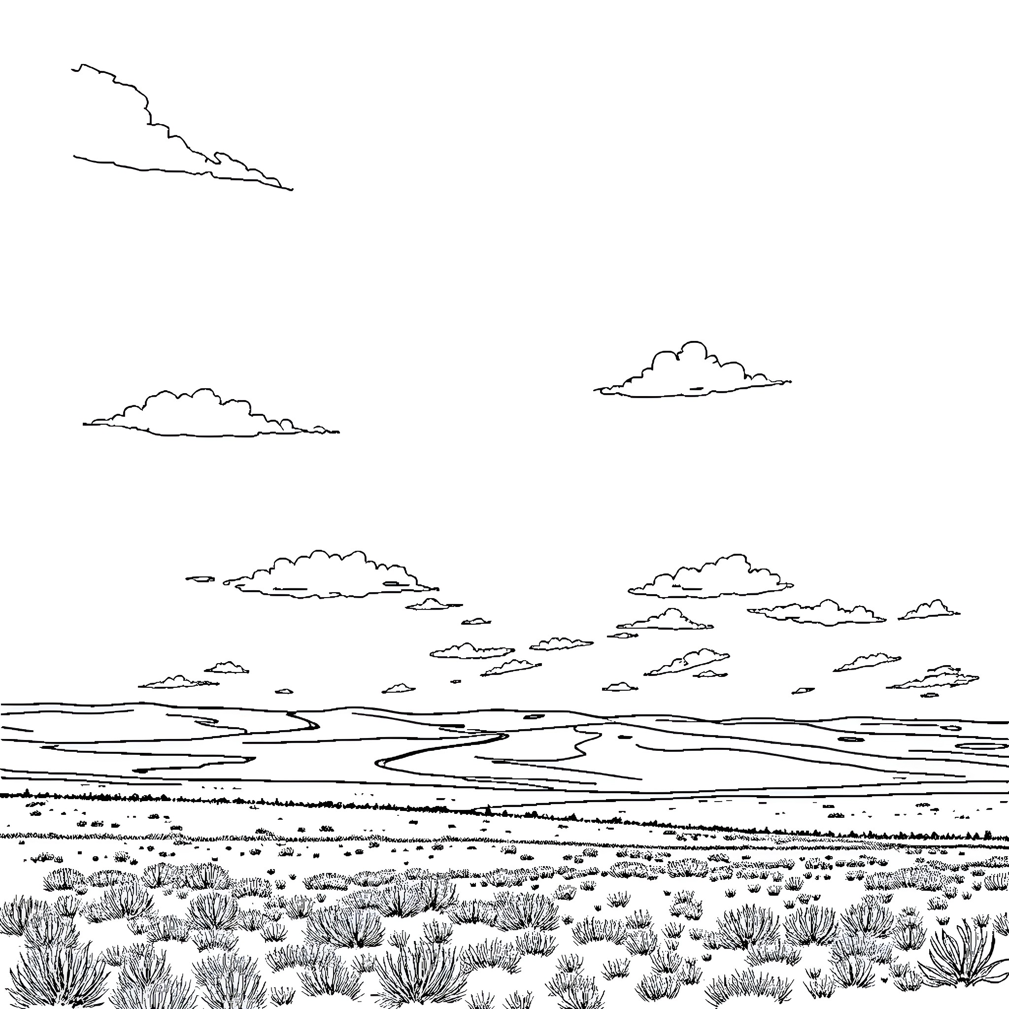 Oklahoma Prairie Landscape with Clouds Coloring Page (free black-and-white line drawing printable PDF for all, from beginners to advanced learners, including children, teens, adults, and seniors)