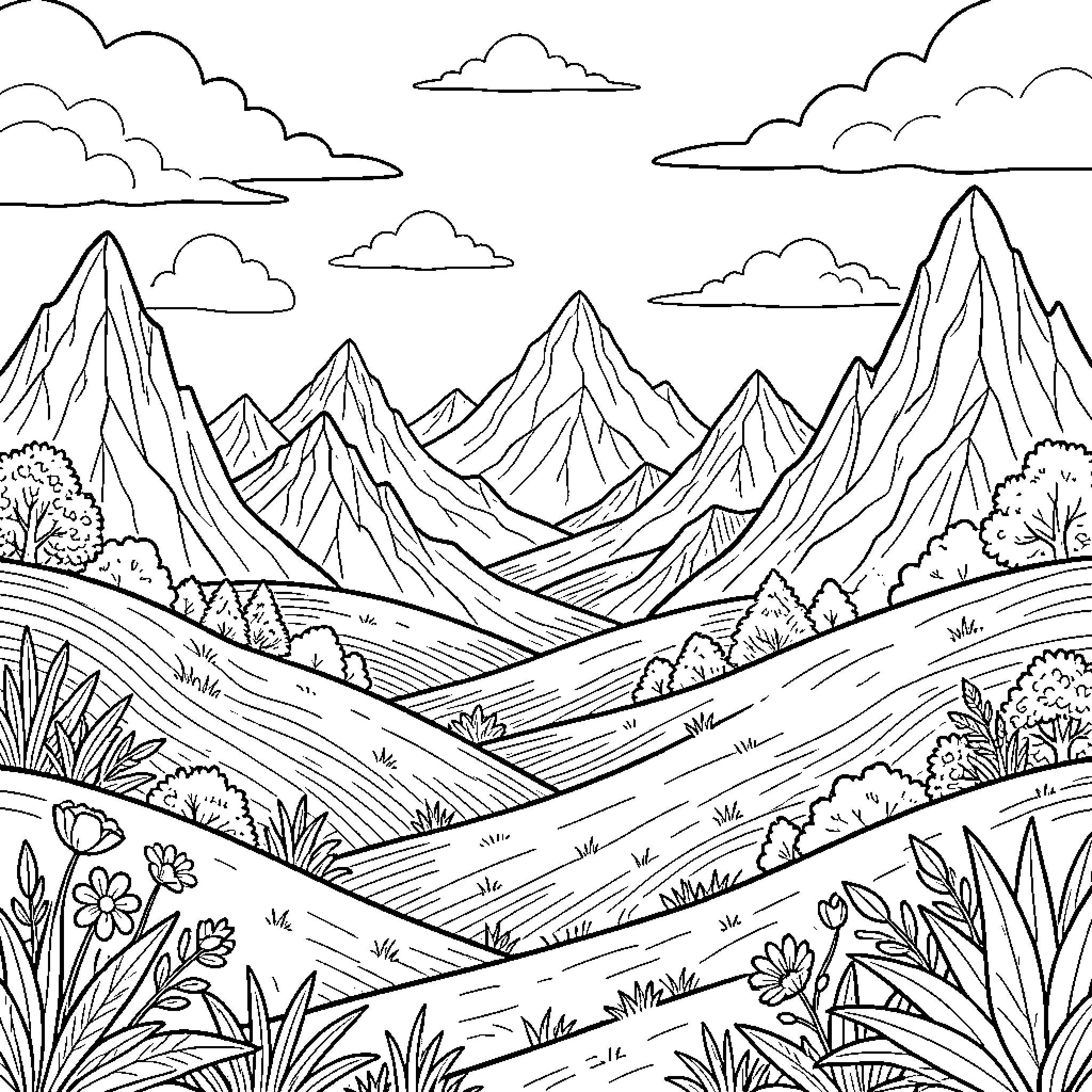 Landscape showing rolling hills and majestic mountain peaks Coloring Page (free black-and-white line drawing printable PDF for all, from beginners to advanced learners, including children, teens, adults, and seniors)