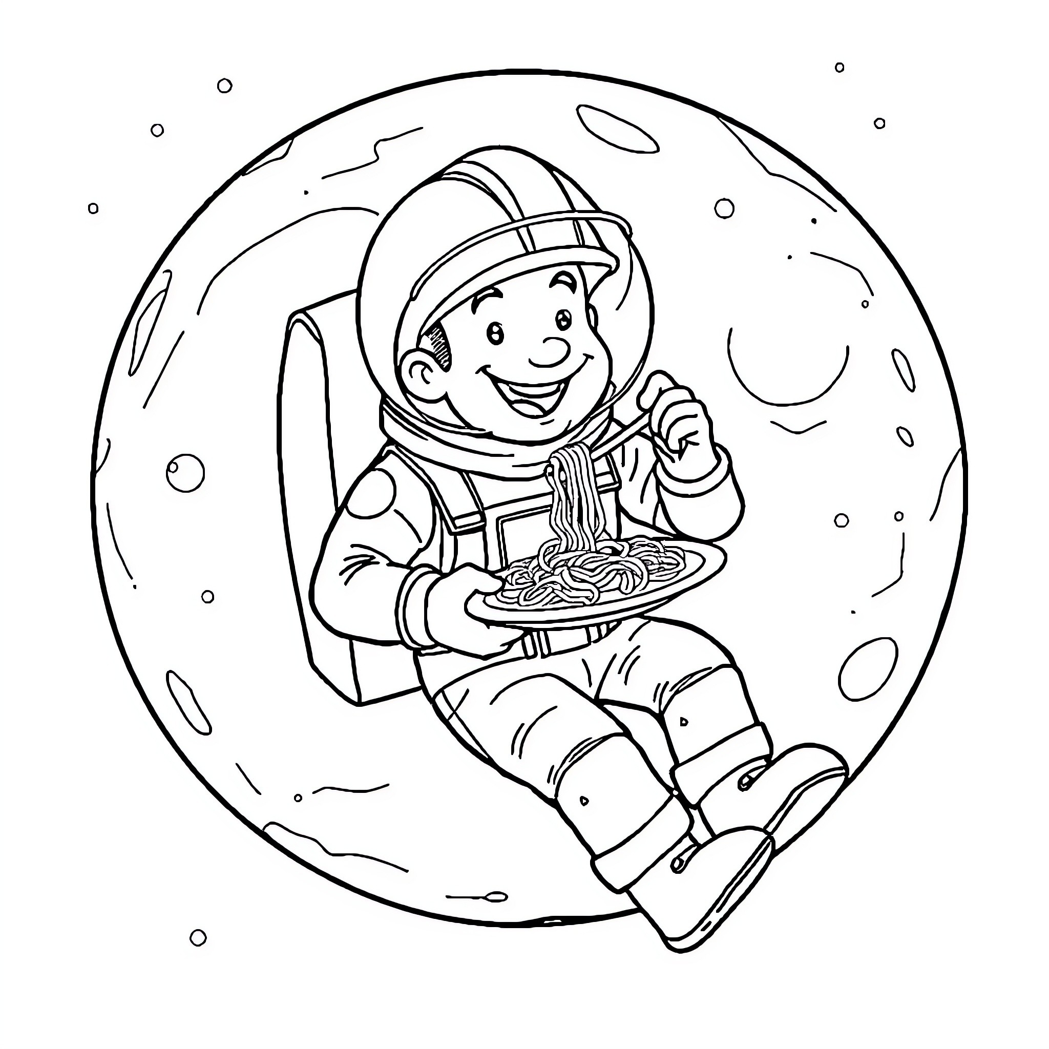 Construction Worker Exploring the Moon Coloring Page (free black-and-white line drawing printable PDF for all, from beginners to advanced learners, including children, teens, adults, and seniors)