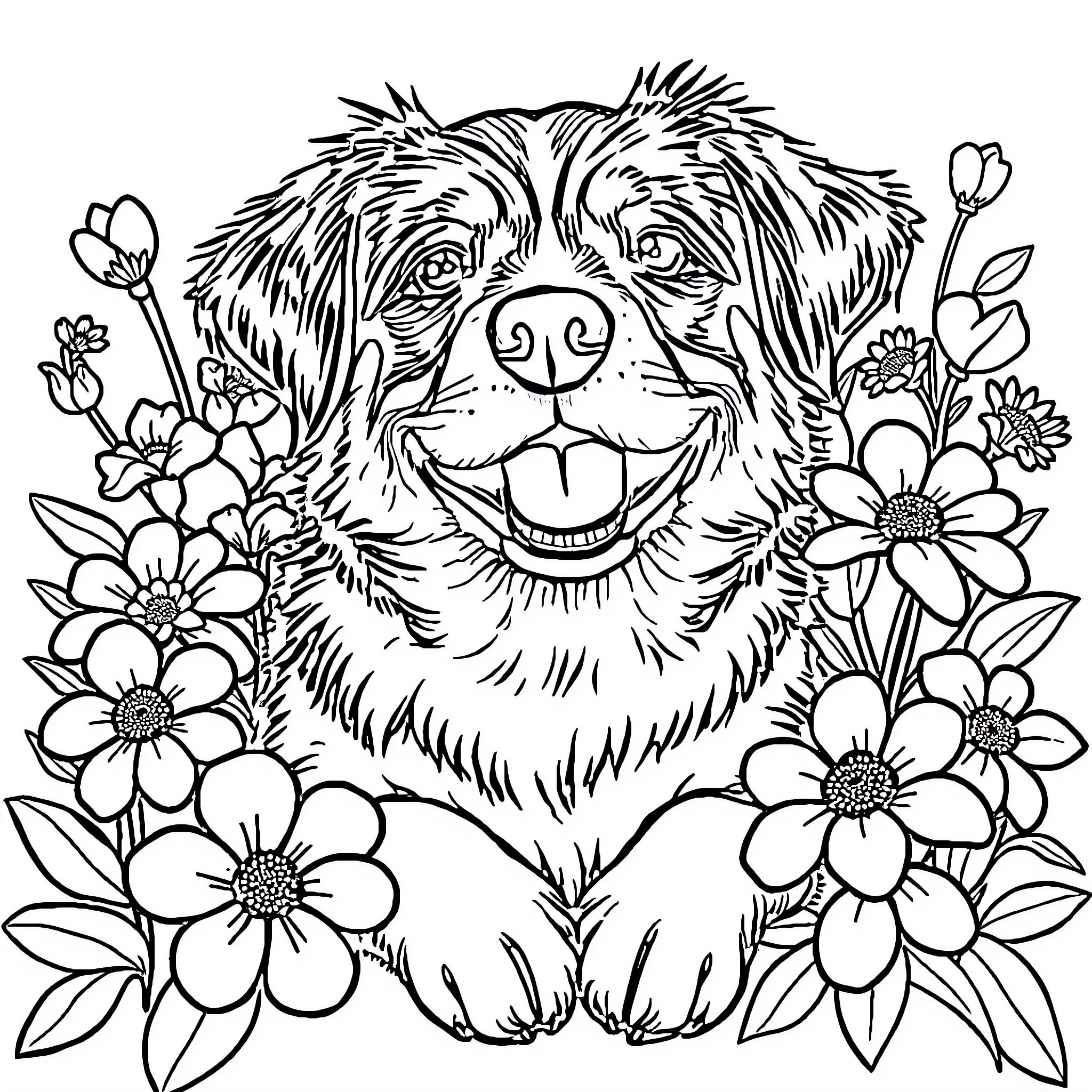 Dog surrounded by beautiful blooming flowers Coloring Page (free black-and-white line drawing printable PDF for all, from beginners to advanced learners, including children, teens, adults, and seniors)