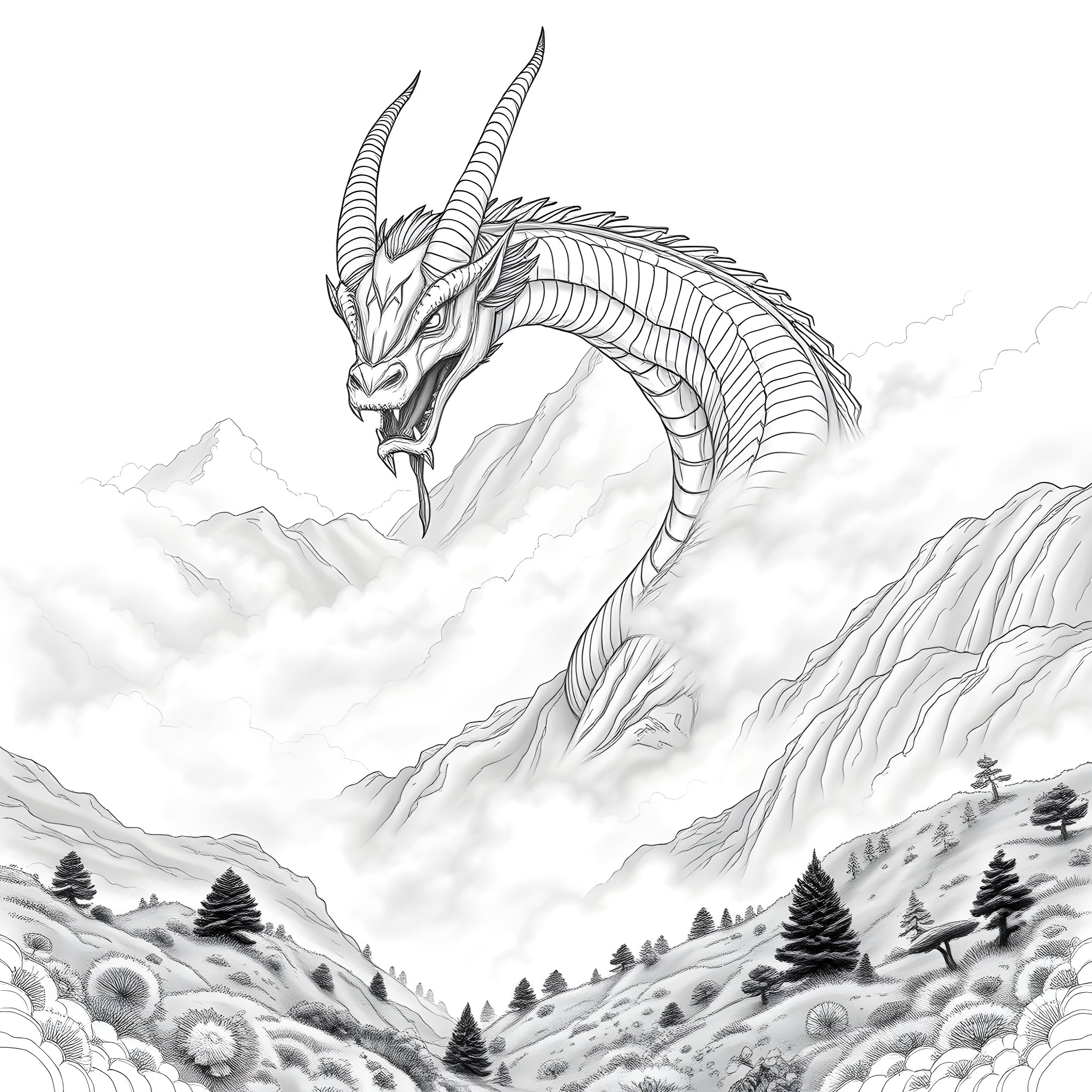 Uktena, the mythical serpent spirit, soars over the misty mountains Coloring Page (free black-and-white line drawing printable PDF for all, from beginners to advanced learners, including children, teens, adults, and seniors)