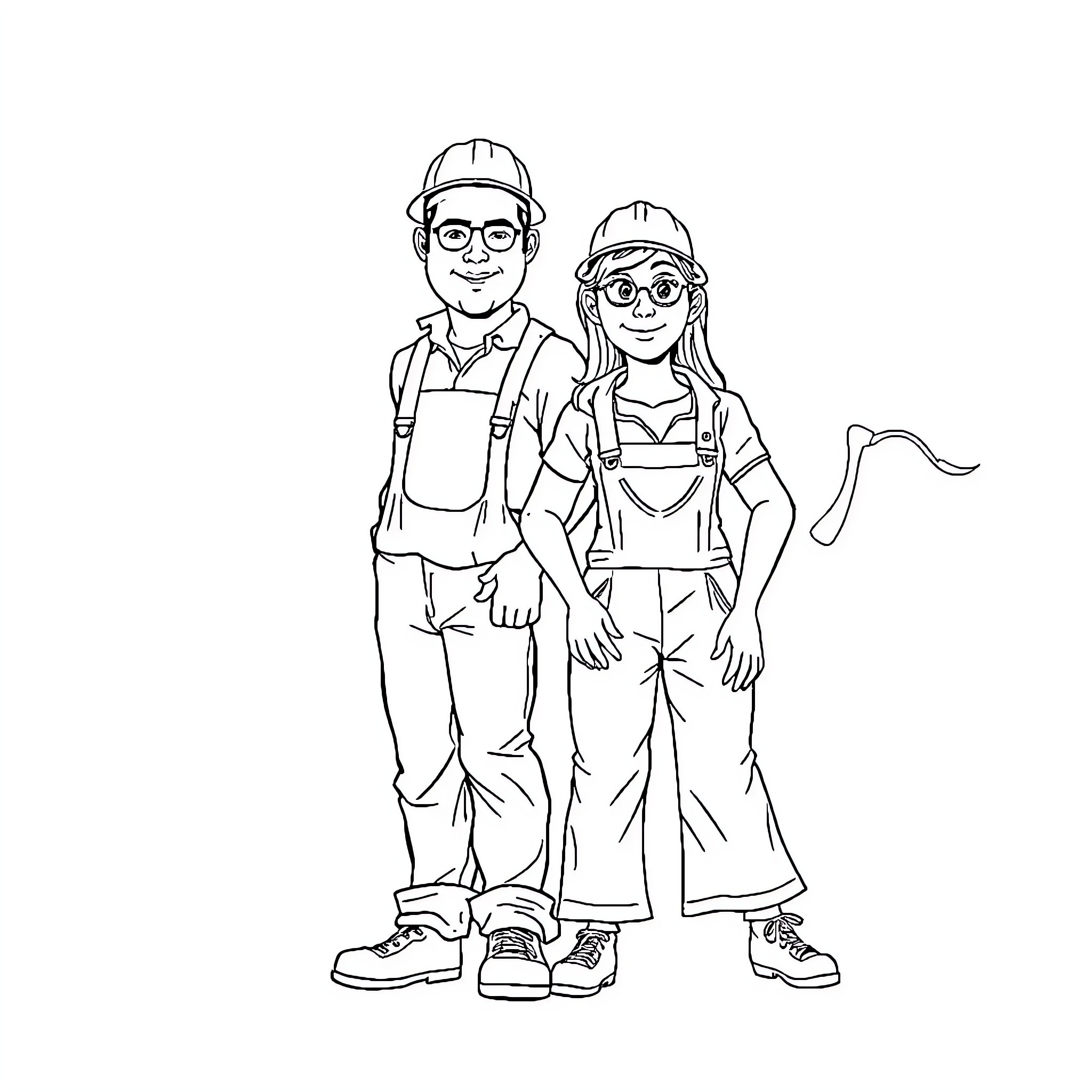 Worker couple in construction outfits Coloring Page (free black-and-white line drawing printable PDF for all, from beginners to advanced learners, including children, teens, adults, and seniors)