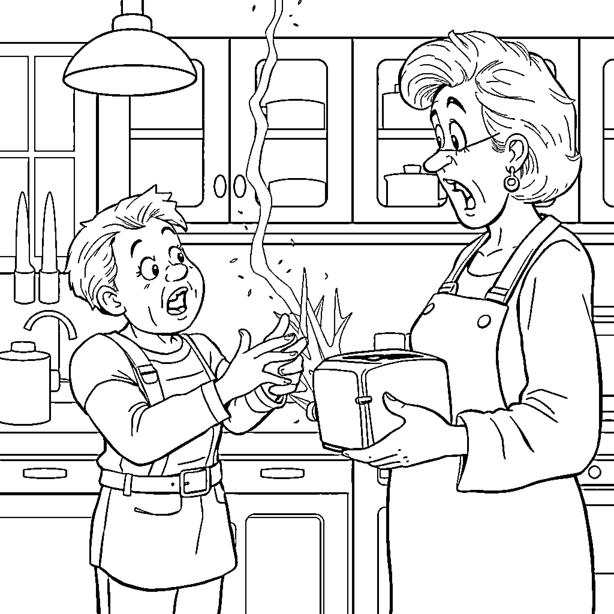 Electrician assisting a customer with electrical issue in kitchen Coloring Page (free black-and-white line drawing printable PDF for all, from beginners to advanced learners, including children, teens, adults, and seniors)