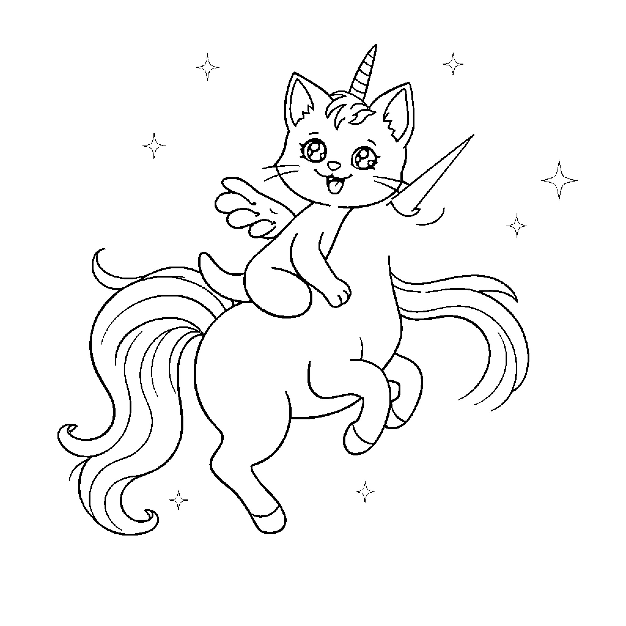 Kitty Unicorn Playfully Frolicking in Starry Night Coloring Page (free black-and-white line drawing printable PDF for all, from beginners to advanced learners, including children, teens, adults, and seniors)