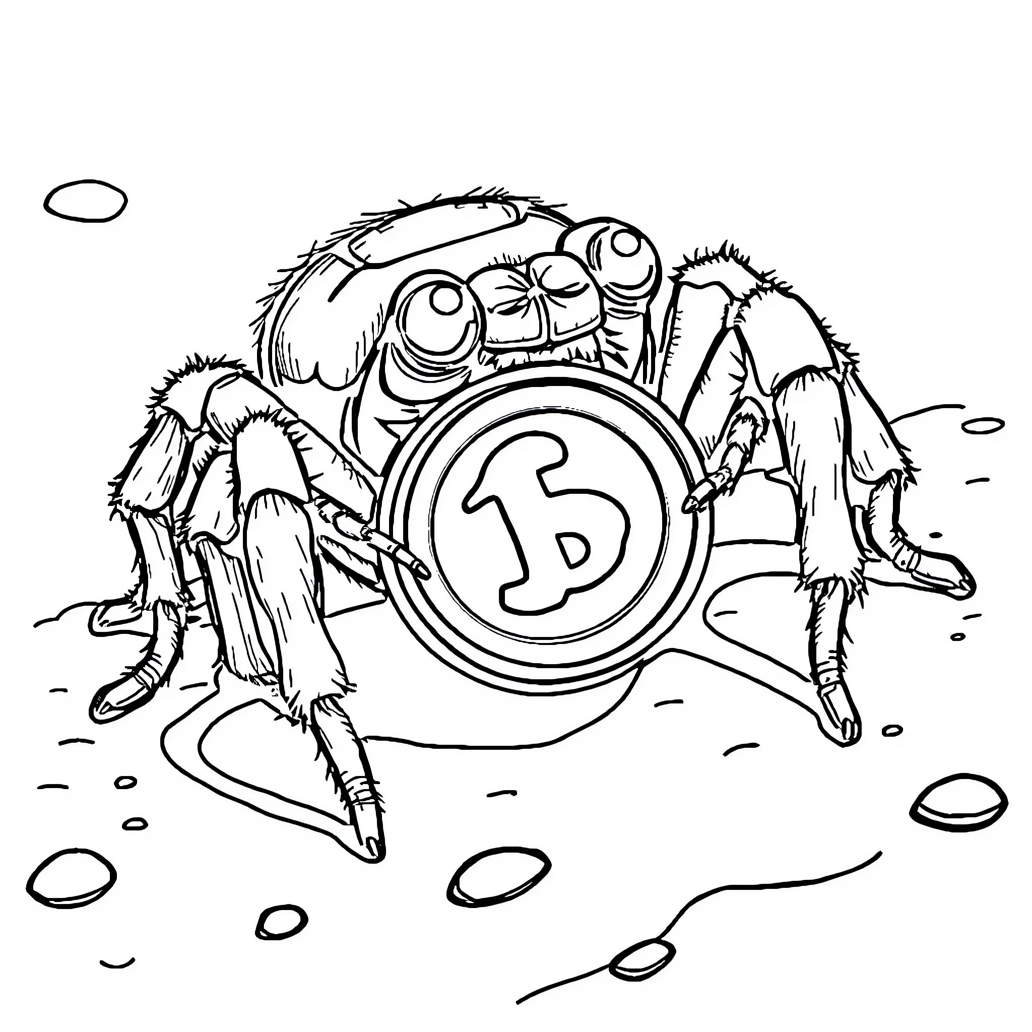 Spider guarding a dollar coin on the ground Coloring Page (free black-and-white line drawing printable PDF for all, from beginners to advanced learners, including children, teens, adults, and seniors)